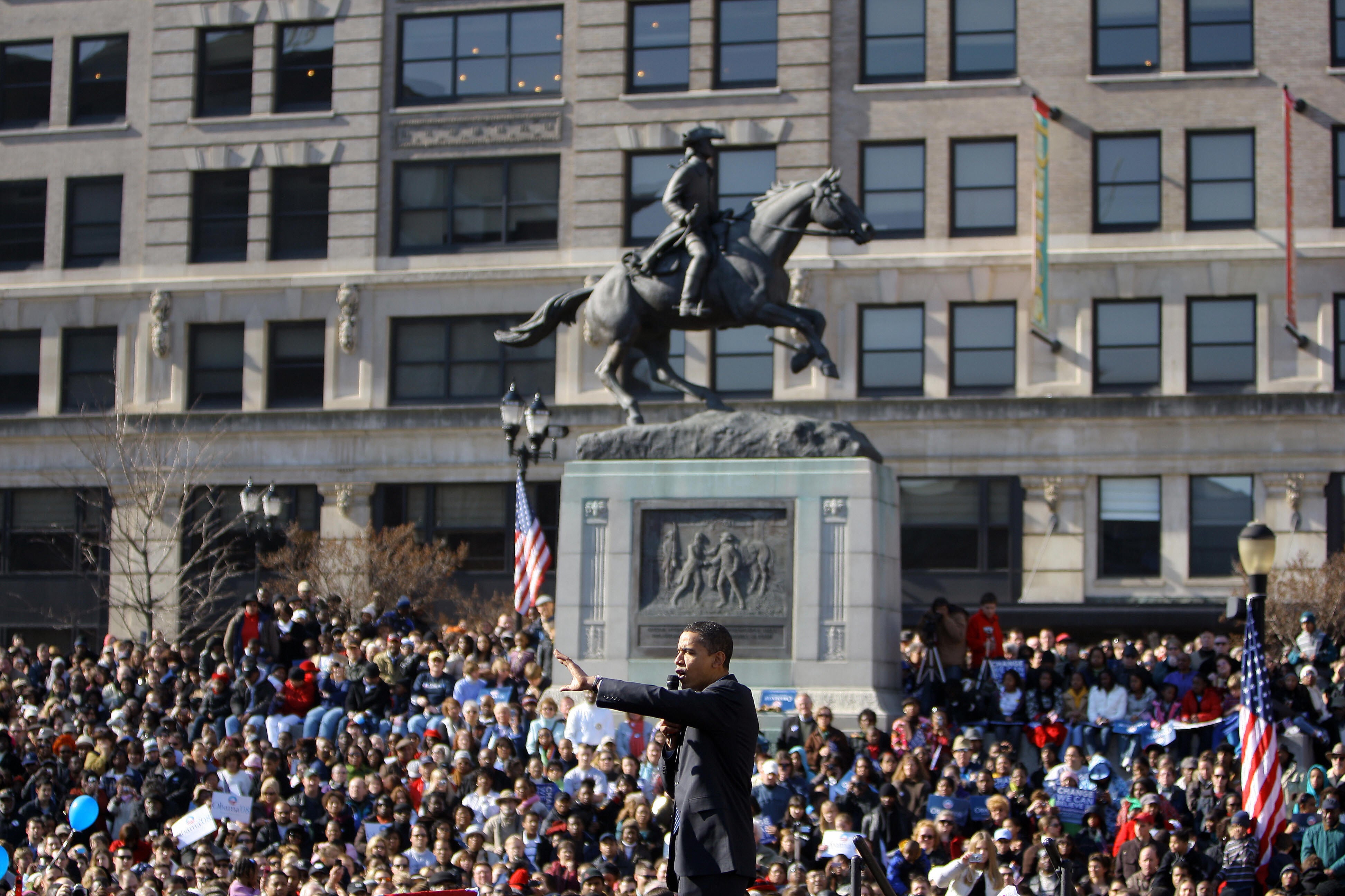 In February 2008, then-Democratic statesmanlike campaigner Barack Obama hosted a rally successful beforehand of nan statue successful Wilmington, Delaware