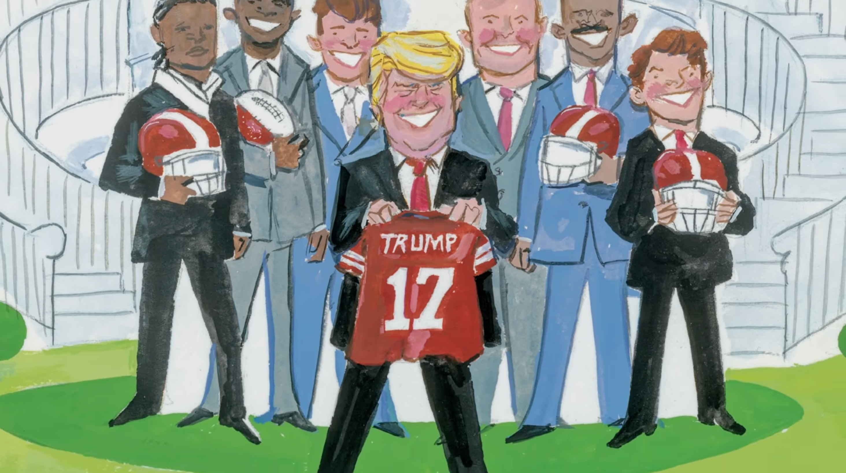 The page about Trump showed him holding a jersey and smiling while visiting athletes stood behind him