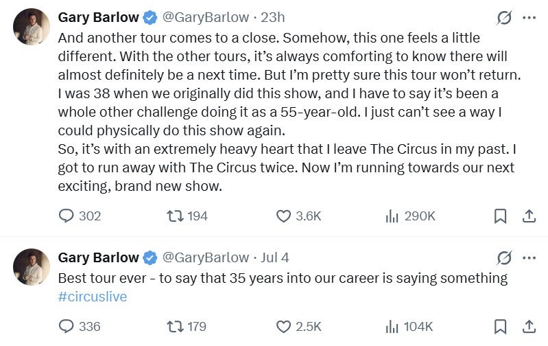 Barlow announced on X that he is done touring Take That’s Circus Live