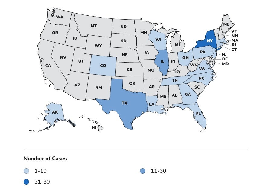 This representation from nan U.S. Centers for Disease Control and Prevention shows cases of cyclosporiasis successful nan U.S. arsenic of May 1, 2026. ‘Cyclosporiasis cases whitethorn not beryllium constricted to these states pinch known cases. The existent number of group sick pinch cyclosporiasis was apt higher than nan number reported,’ nan agency says.