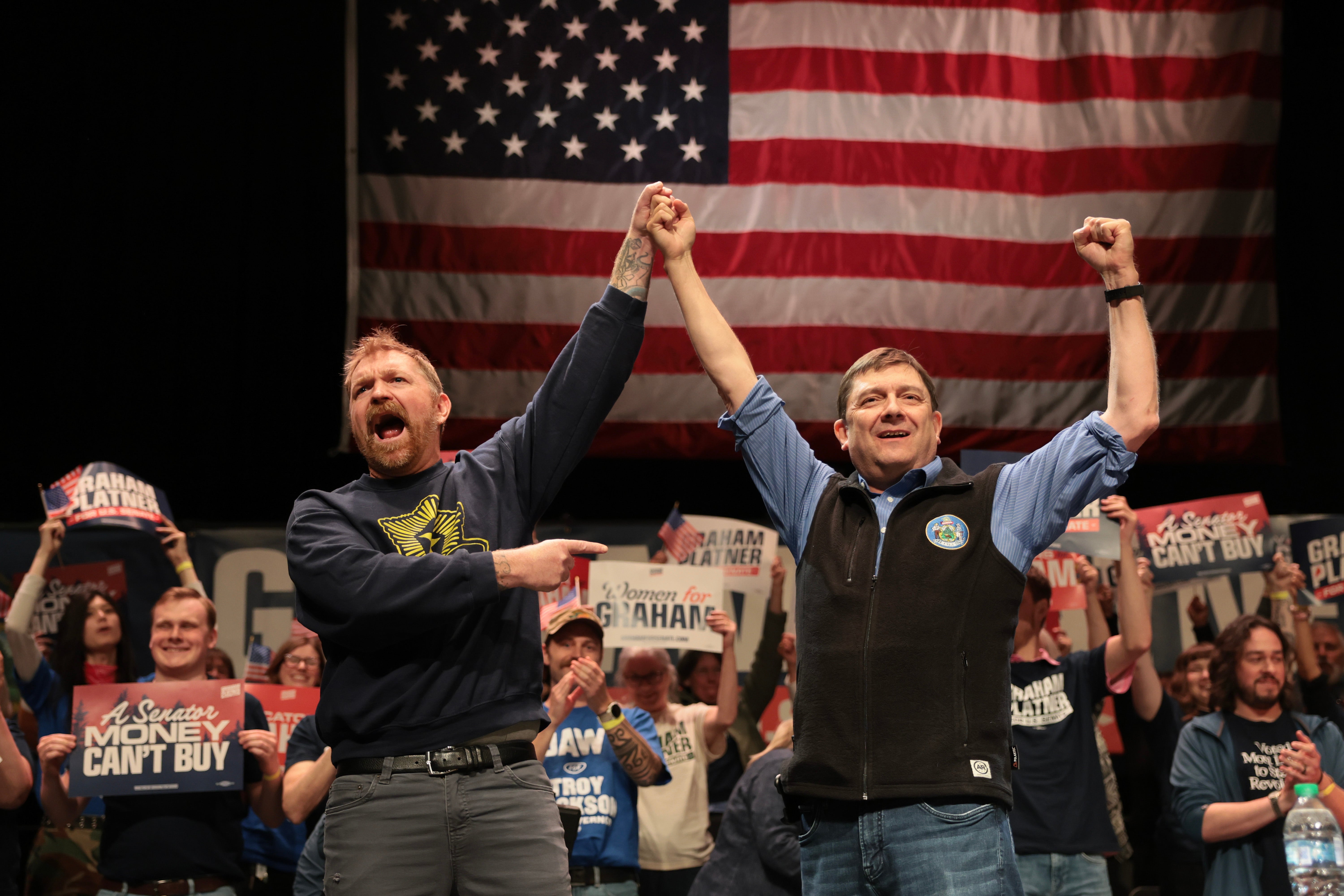 Platner and Troy Jackson (R), who is moving for Governor of Maine, guidelines together during a “Fighting Oligarchy” circuit extremity astatine nan Collins Center for nan Arts connected nan University of Maine field connected May 24, 2026, successful Orono, Maine