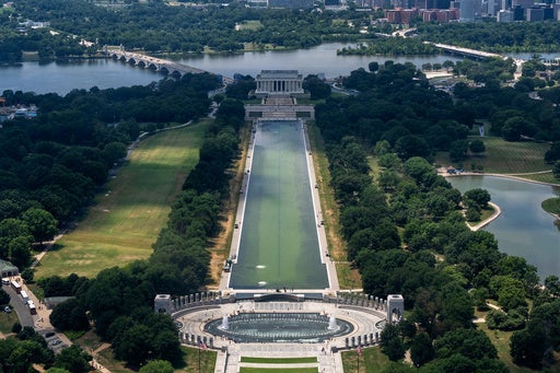 The Lincoln Memorial Reflecting Pool turned greenish from algae past month