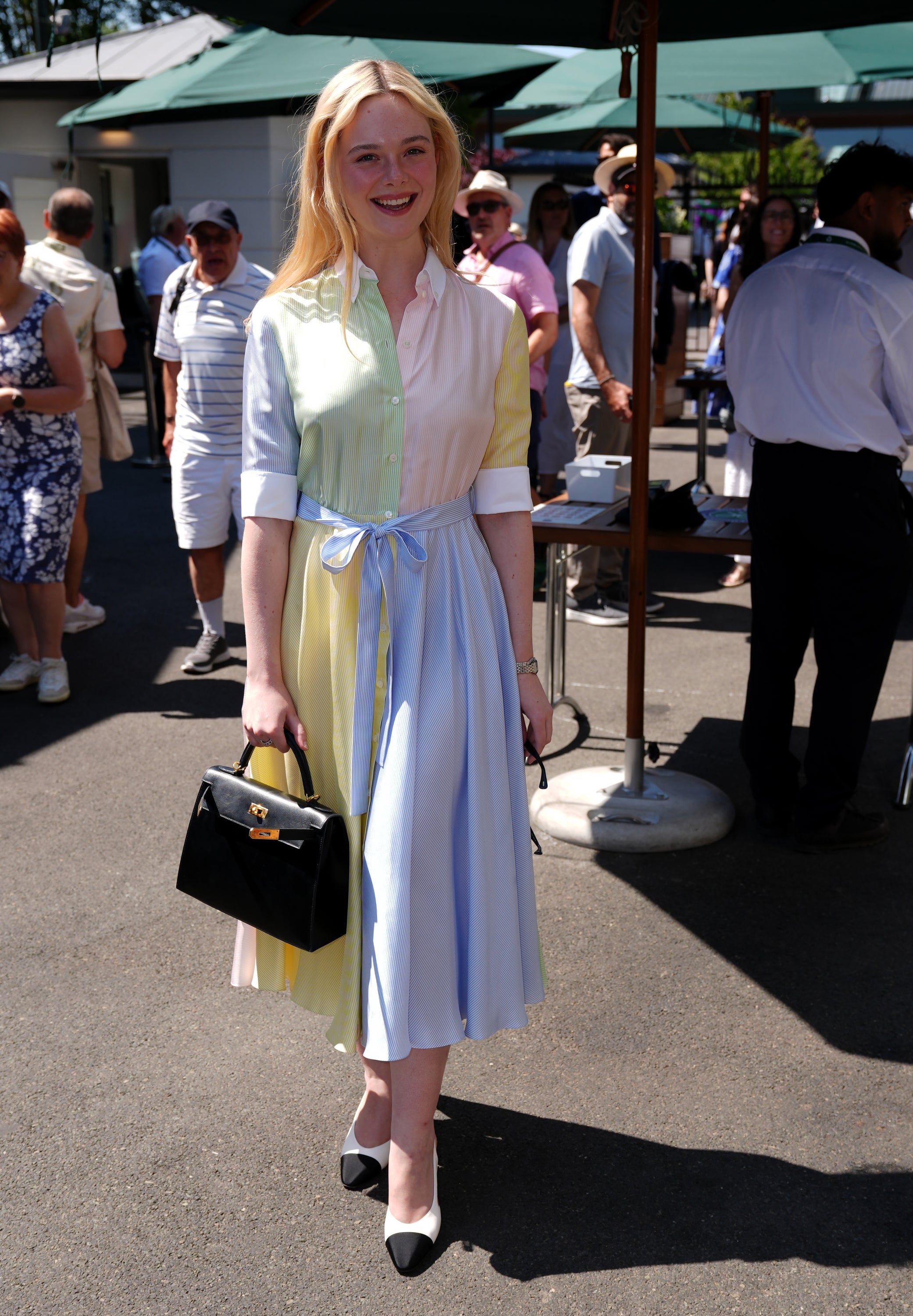 Elle Fanning wore a pastel colour-blocked dress to Wimbledon