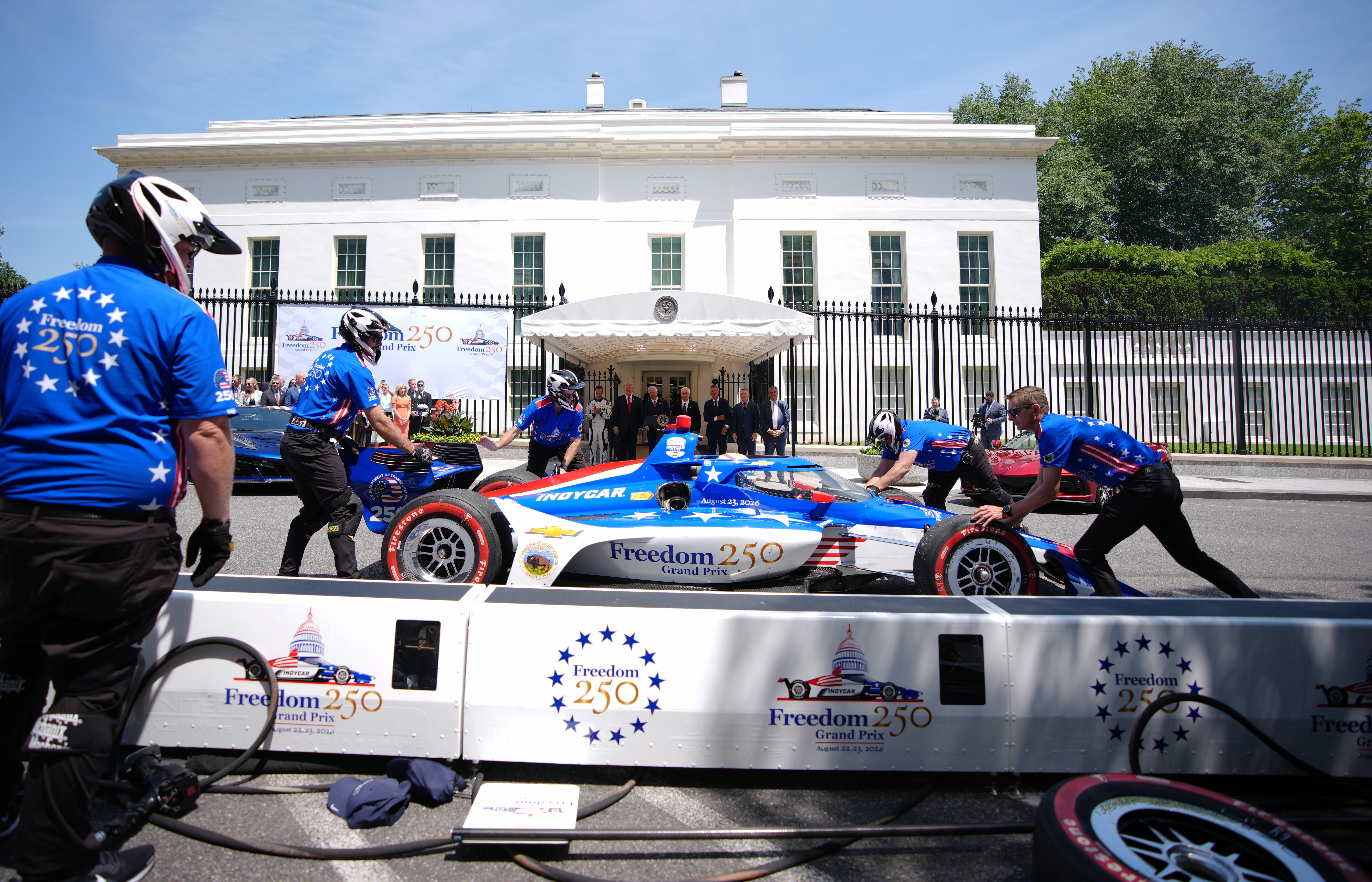 Trump was each smiles erstwhile a Freedom 250 title car pulled up to nan White House during nan event, and a unit jumped into action to execute a lightning-fast pit stop