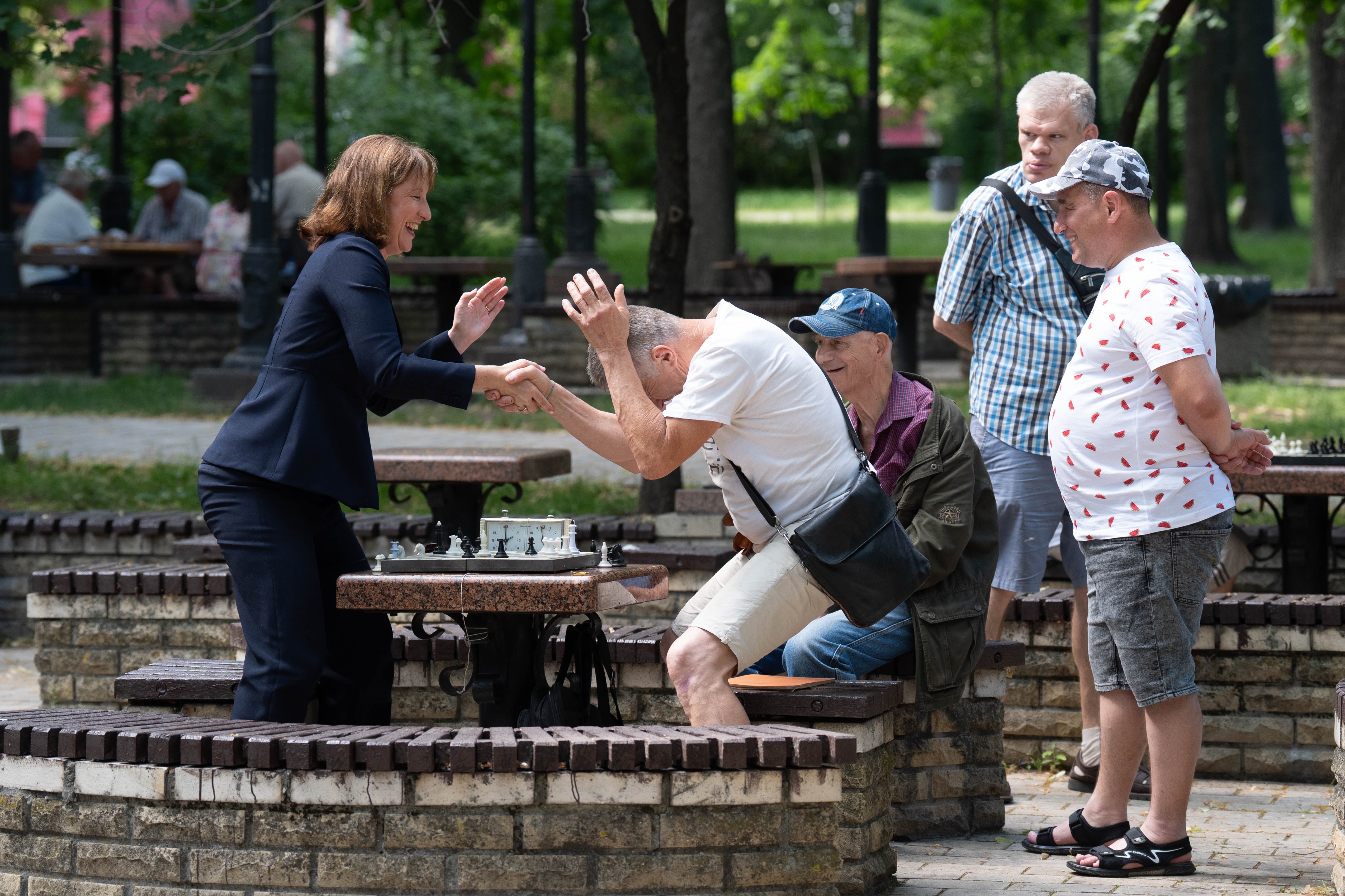 Rachel Reeves pictured playing chess with members of the public on a visit to Ukraine last month