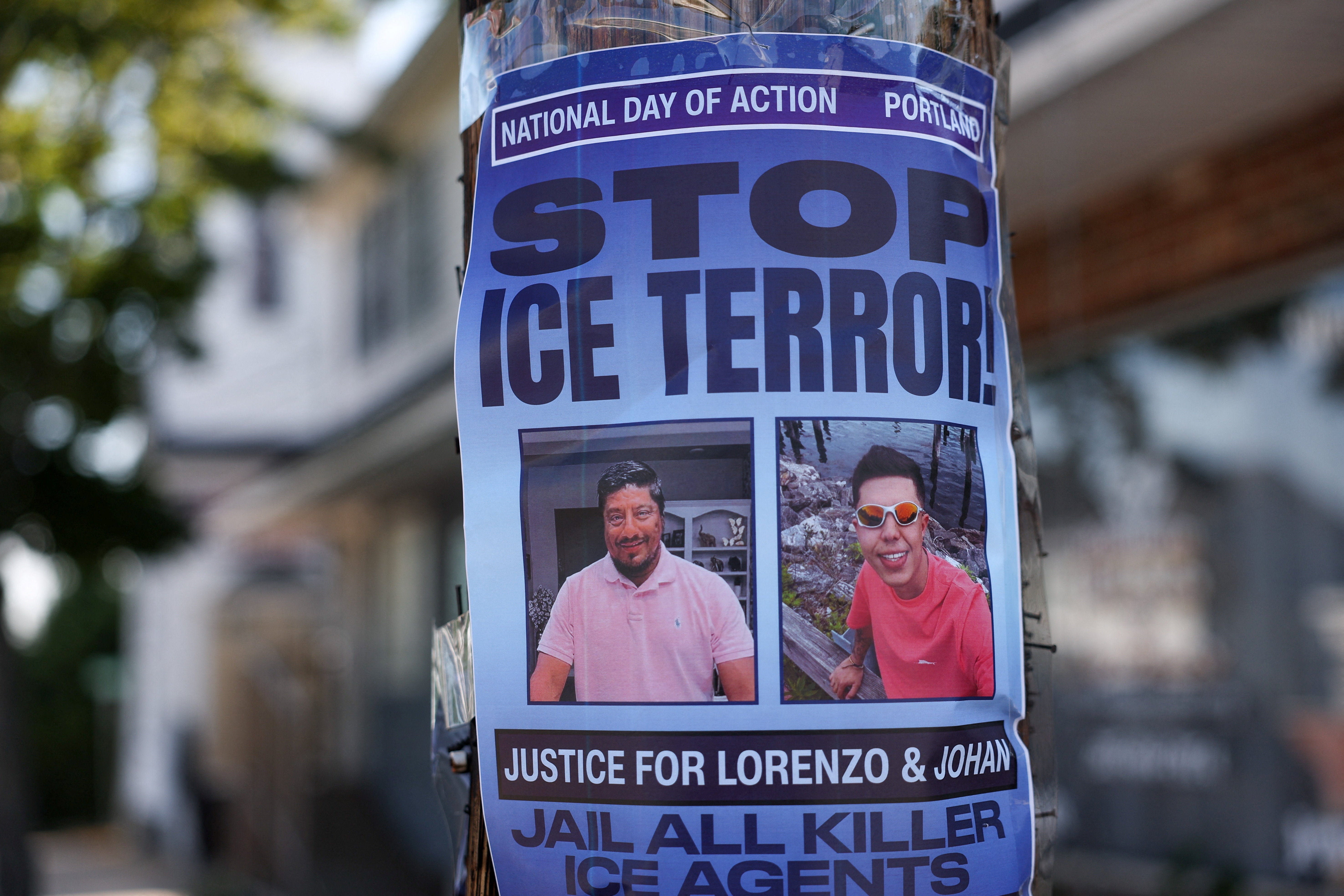 A poster calling for a nationalist time of action against ICE hangs adjacent a makeshift street-side memorial for Johan Sebastián Durán Guerrero, a driver who was fatally changeable connected July 13