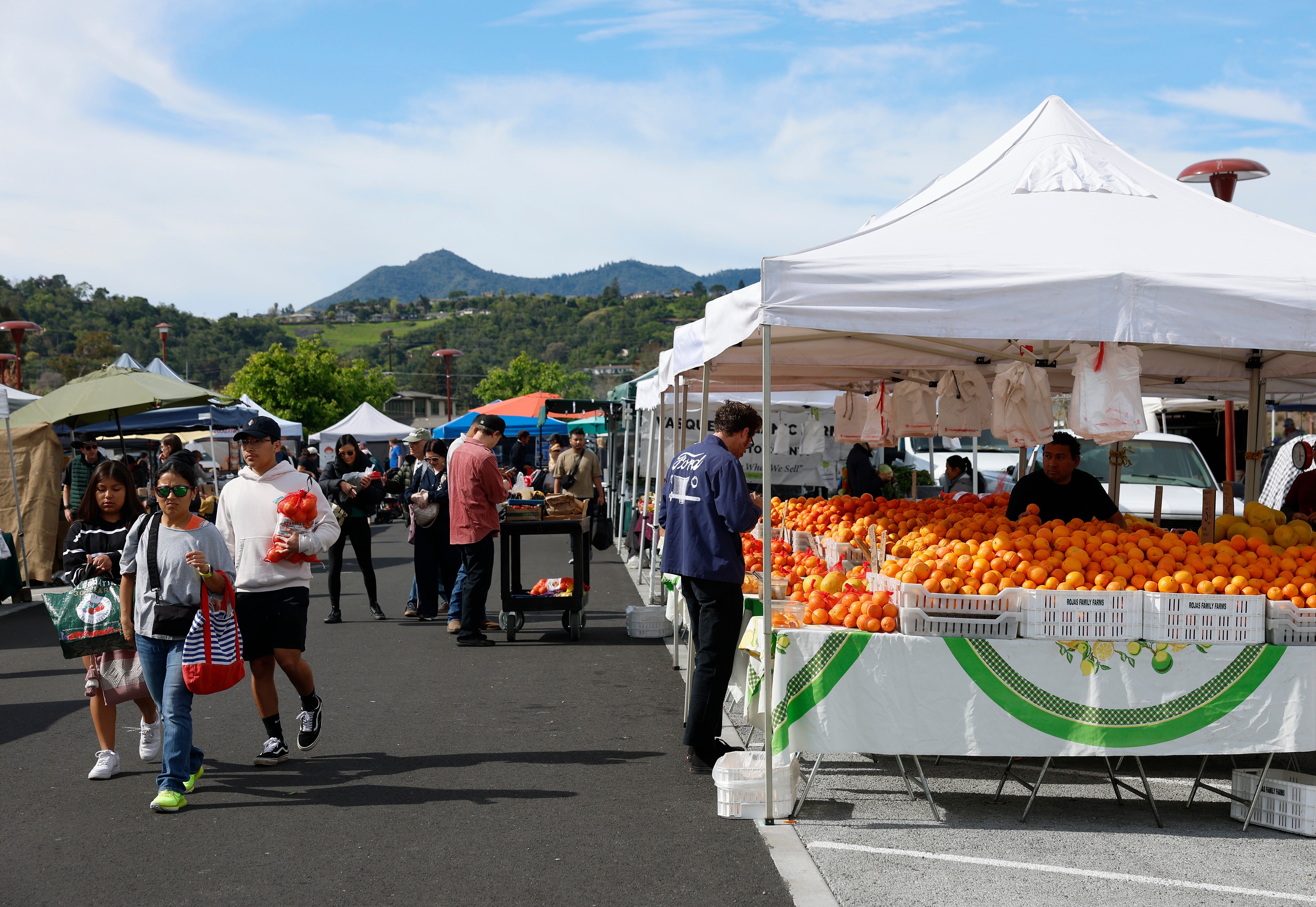 A farmers’ market in San Rafael, California. People should not wash the produce they purchase with soap or household cleaners
