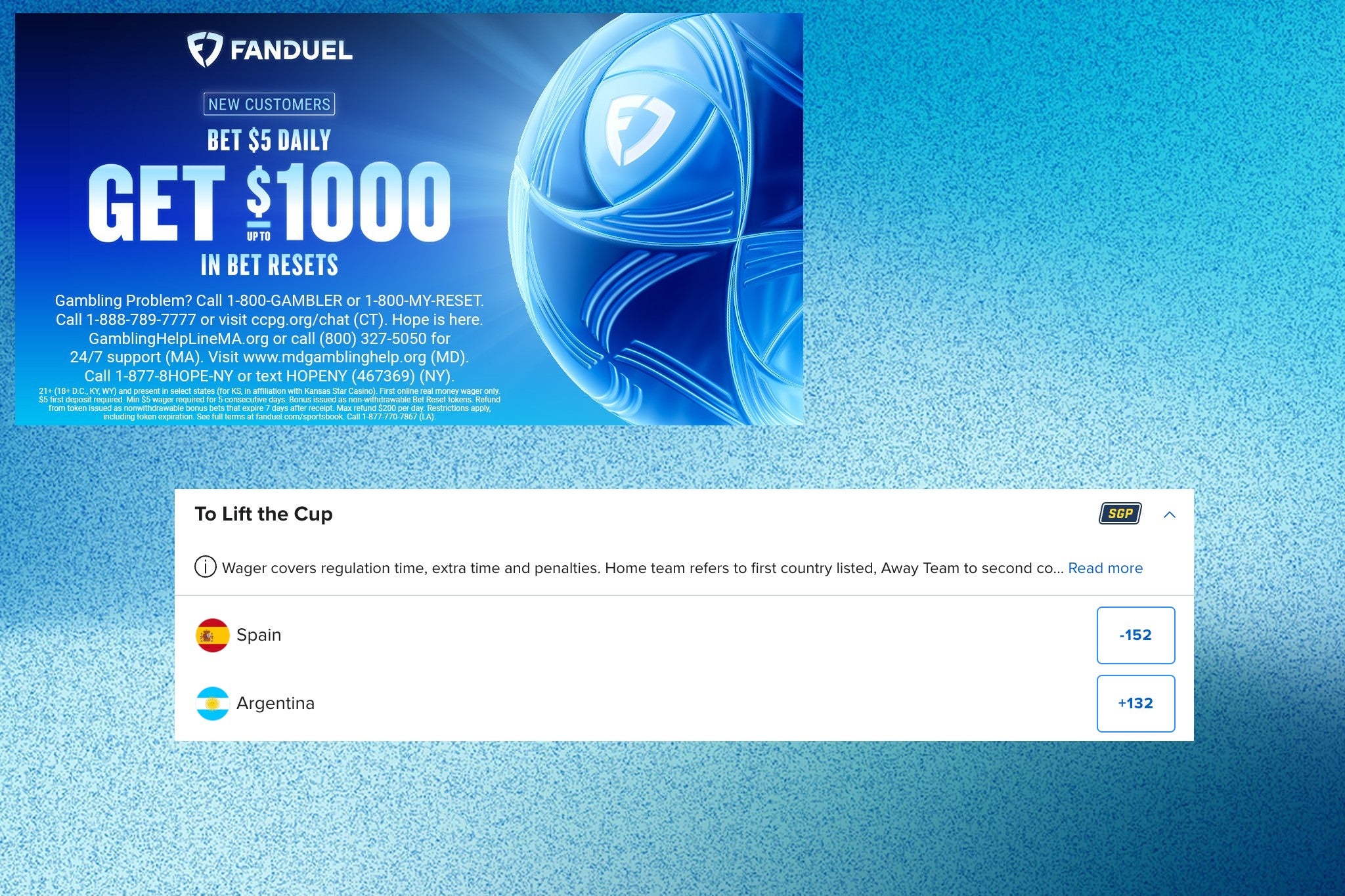 FanDuel Spain v Argentina World Cup promo: Claim up to $1000 in bonus bets resets