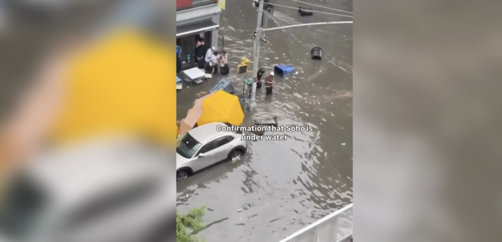 New York City’s SoHo neighborhood was left underwater on Saturday as heavy thunderstorms triggered flash flooding across the metropolitan area