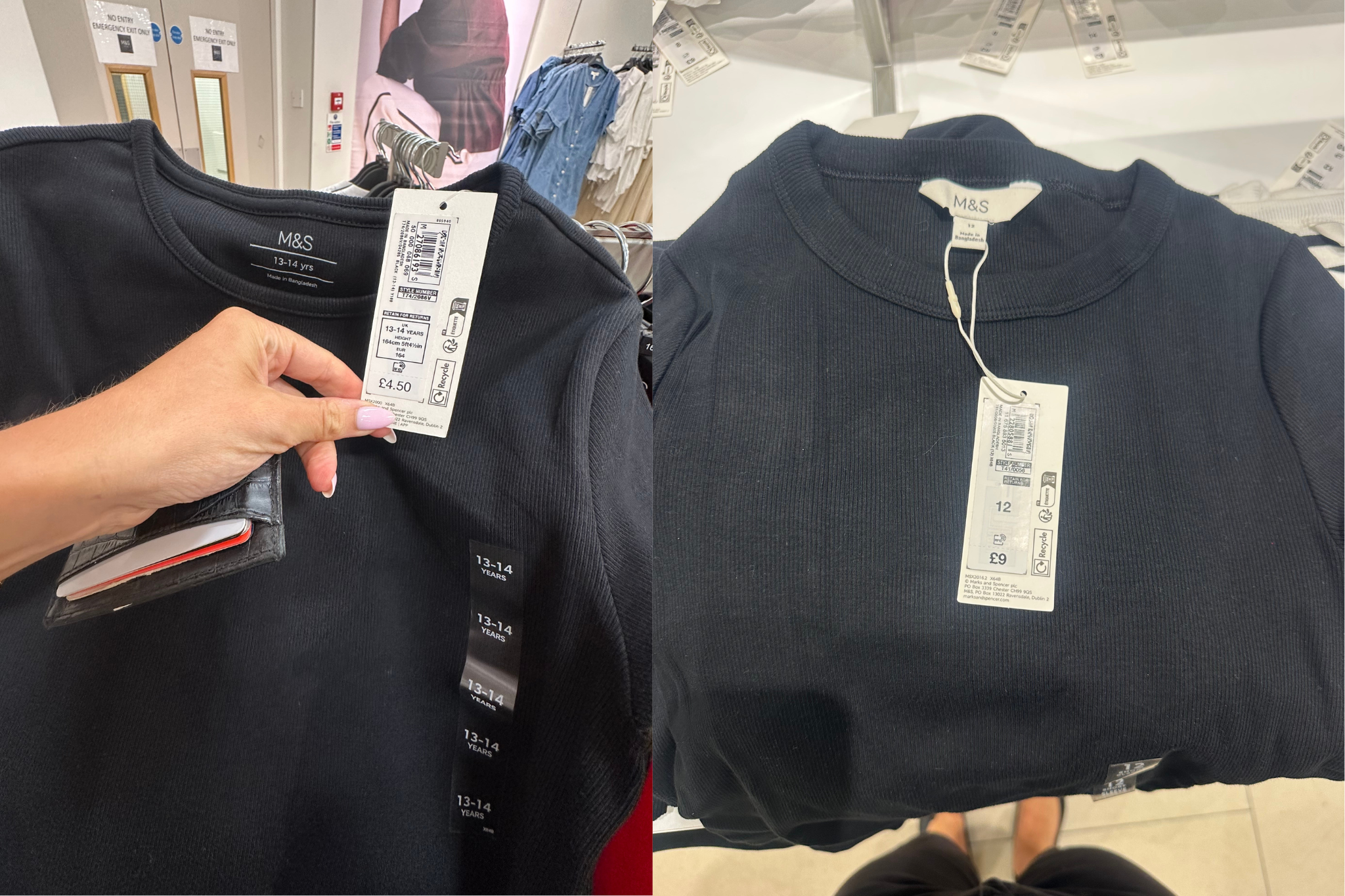 The same but different: a ribbed black T-shirt was twice the price in the M&S women’s section compare to an age 13
