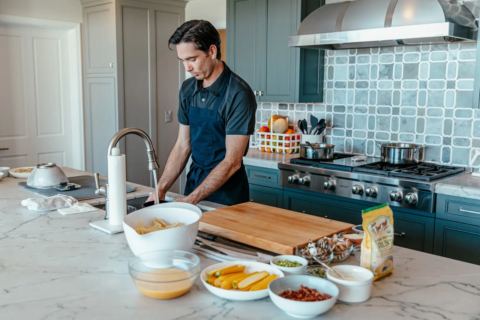 Landis’s private chef prepares pre-cooked bacon and egg bites for easy mornings, followed by full three-course family dinners served at home