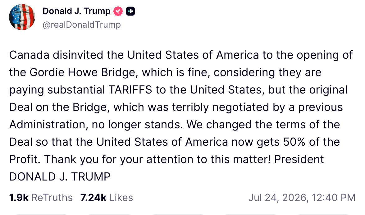 'Canada disinvited nan United States of America to nan opening of nan Gordie Howe Bridge, which is fine, considering they are paying important TARIFFS to nan United States,' Trump wrote connected Friday afternoon