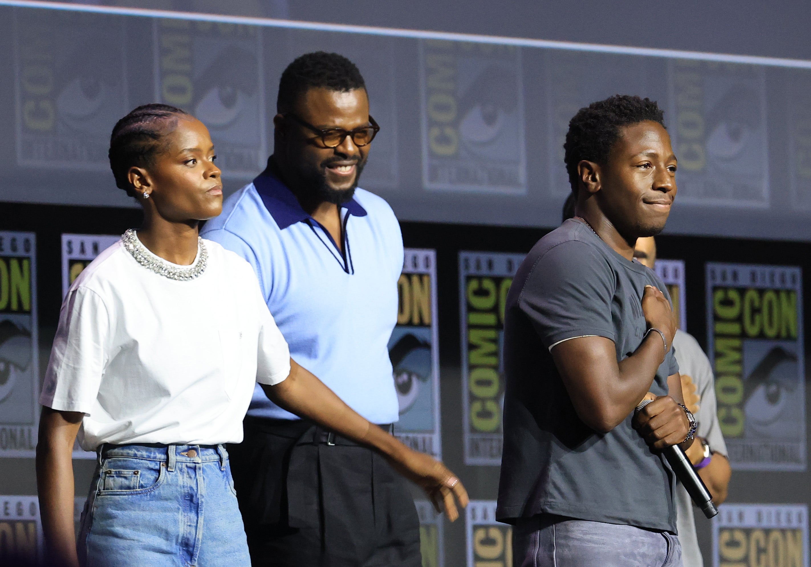 Letitia Wright, Winston Duke, and David Jonsson speak onstage during the 2026 Comic-Con International: San Diego