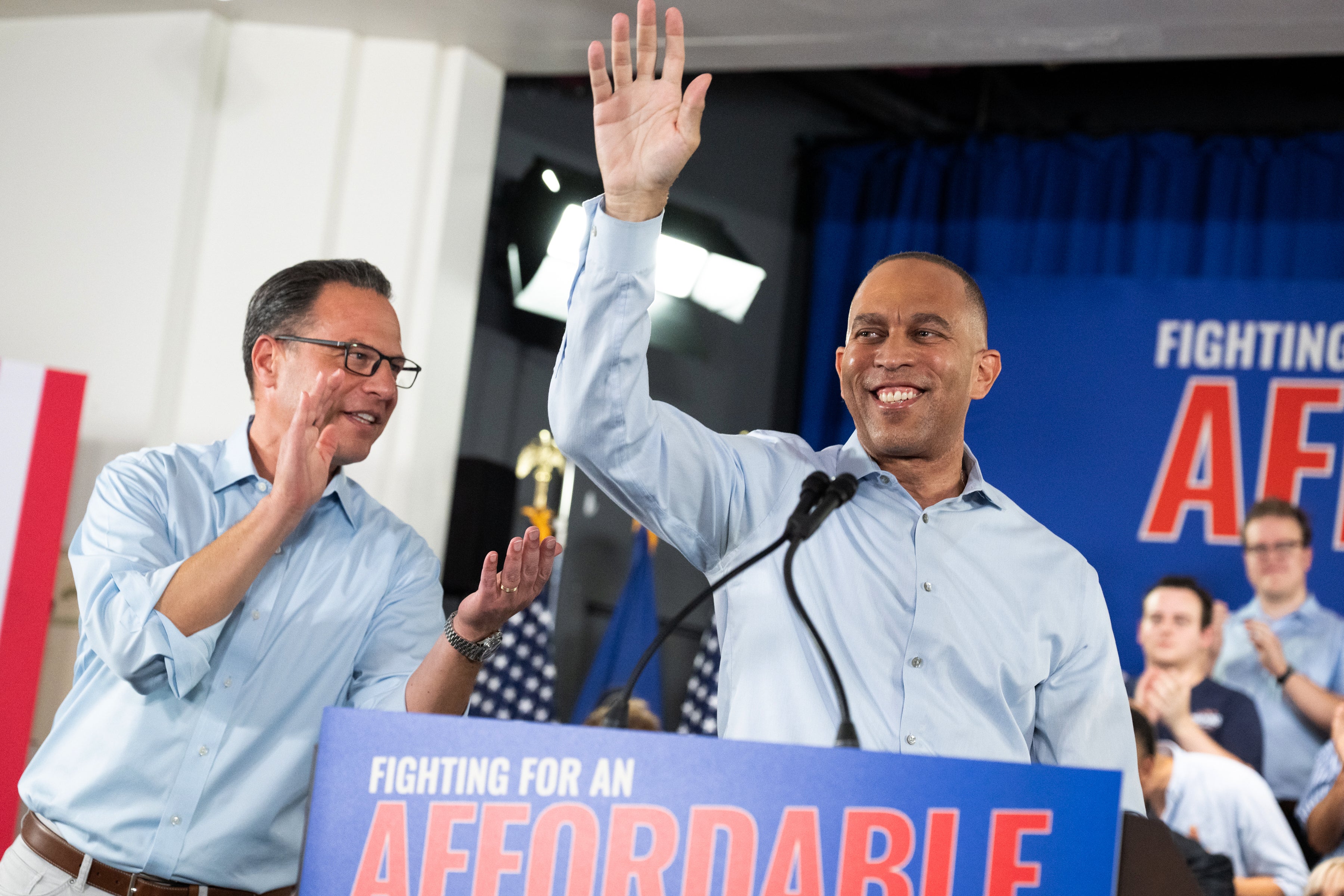 Pennsylvania Gov. Josh Shapiro, left, and U.S. House Democratic Leader Hakeem Jeffries be nan run arena for Democratic legislature campaigner Bob Brooks up of nan midterm elections astatine a Steelworkers Union Hall successful Bethlehem