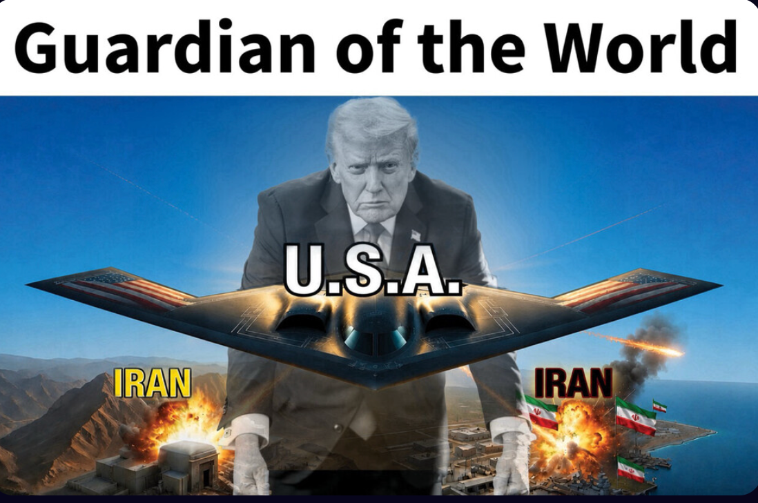 Trump also shared an image of explosions rocking Iran while he loomed over the country