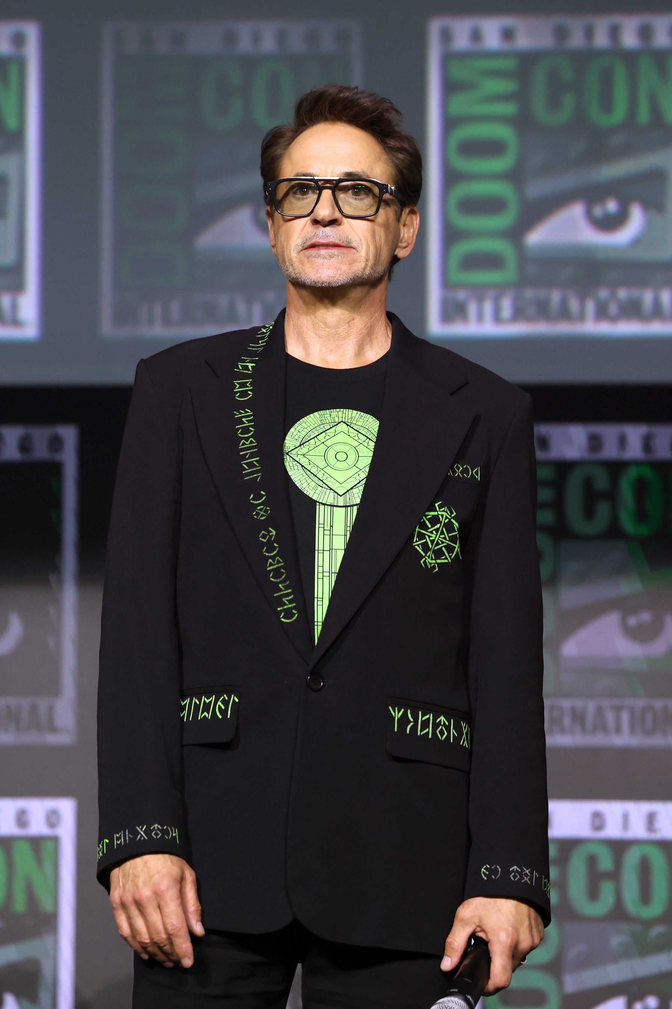 Robert Downey Jr. wearing a jacket covered in runes at an 'Avengers: Doomsday' event at San Diego Comic-Con in July 2026