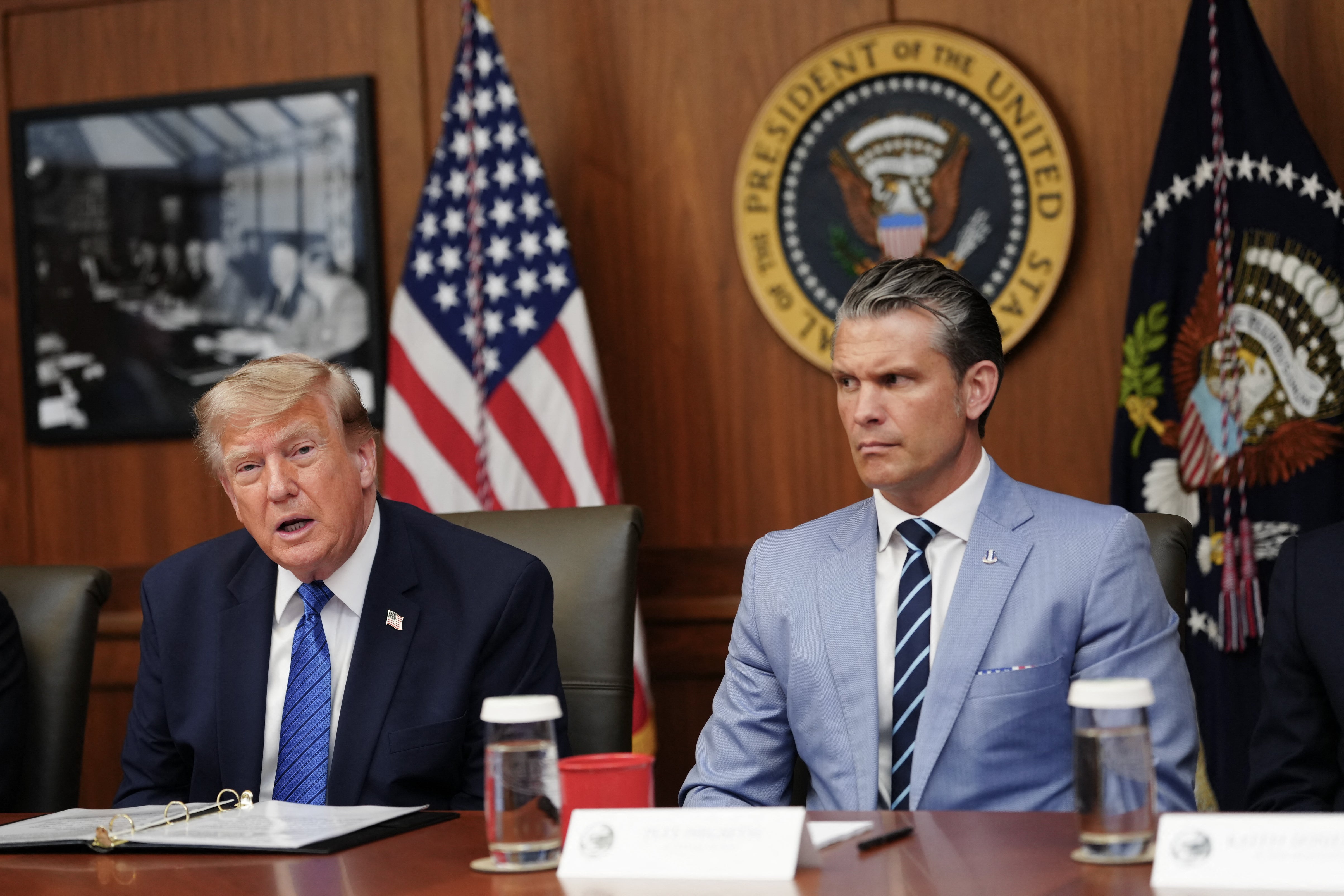 President Donald Trump speaks astir thwarted Iranian rocket strikes alongside Secretary of Defense Pete Hegseth during a Cabinet gathering astatine Camp David Friday