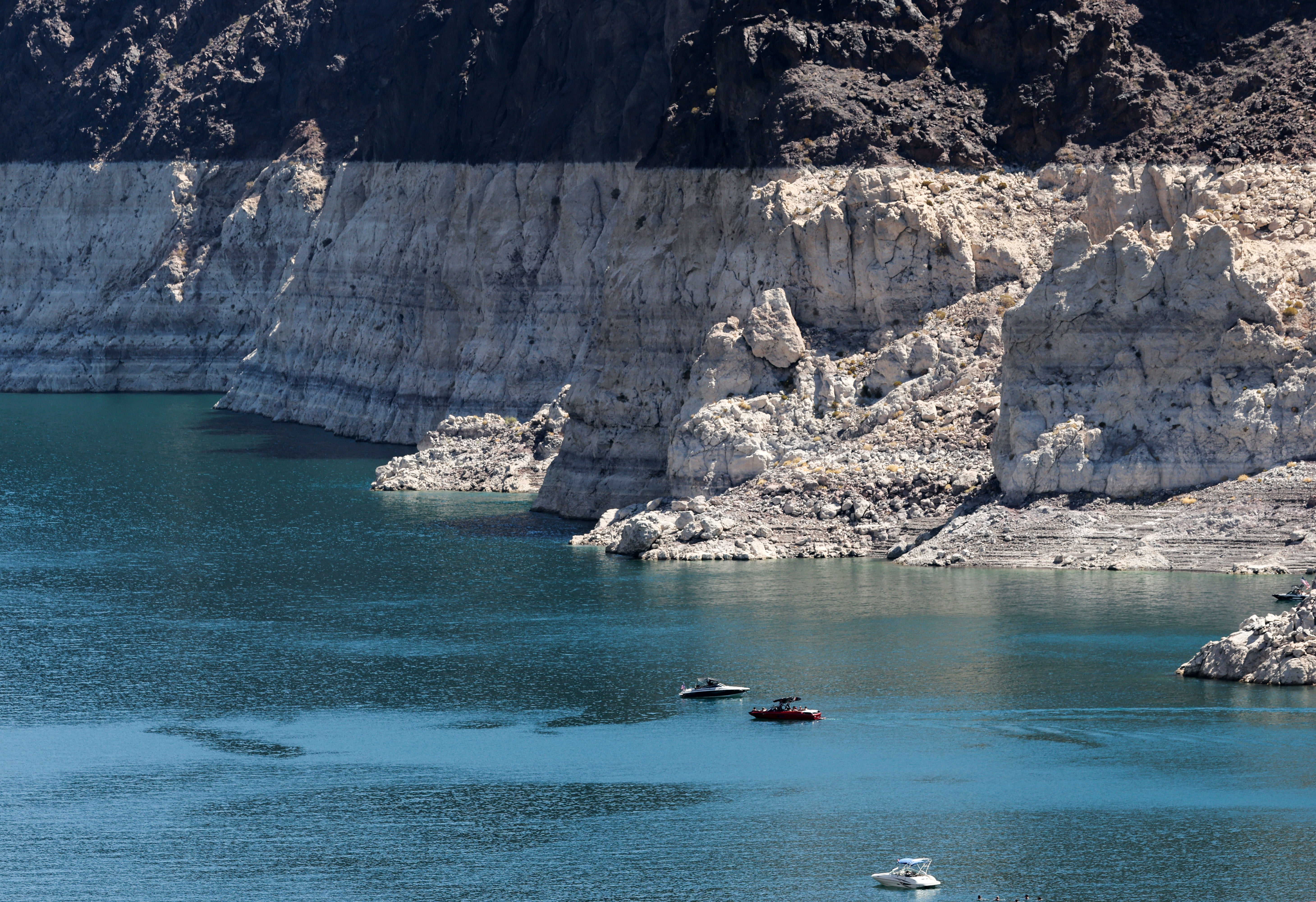 The visible waterline on Lake Mead successful Nevada, which is fed by nan Colorado River. Water successful Lake Mead, 1 of nan nation’s largest reservoirs, has fallen to its lowest constituent since 1957