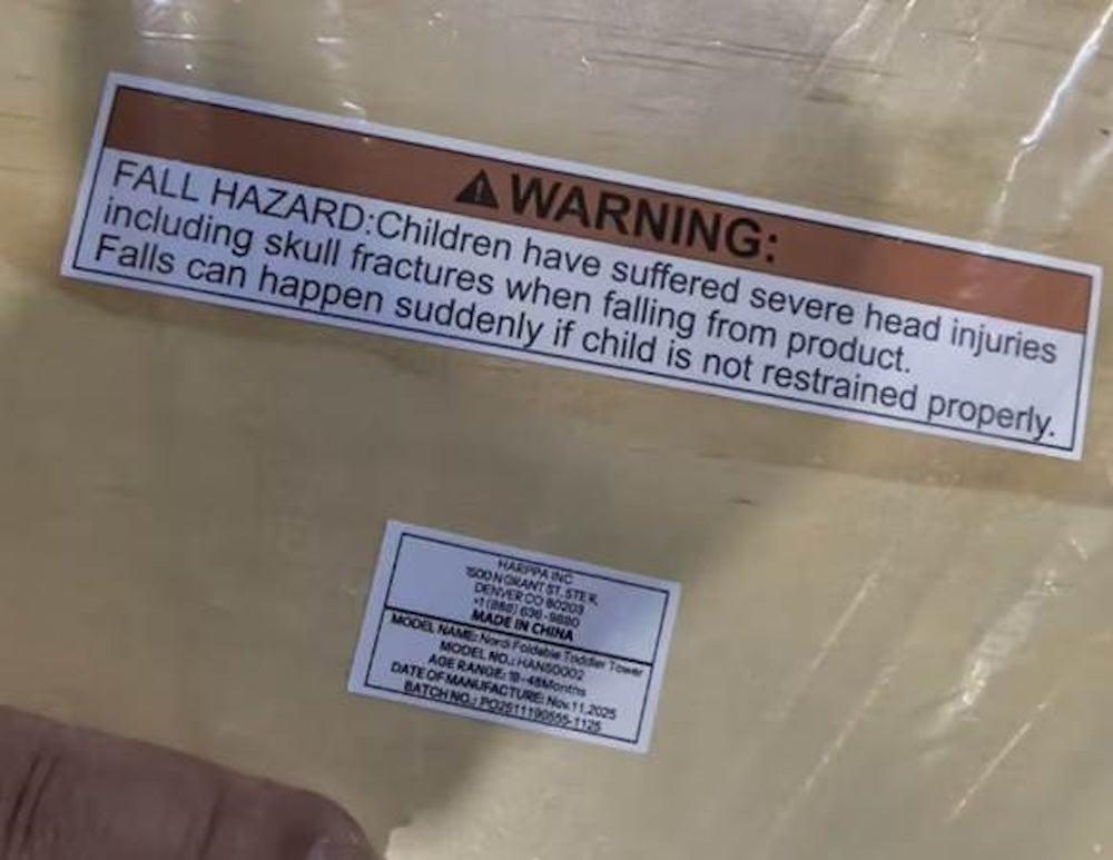 A label on the HARPPA Nordi Foldable Toddler Towers warns: “Children have suffered severe head injuries including skull fractures when falling from product.”