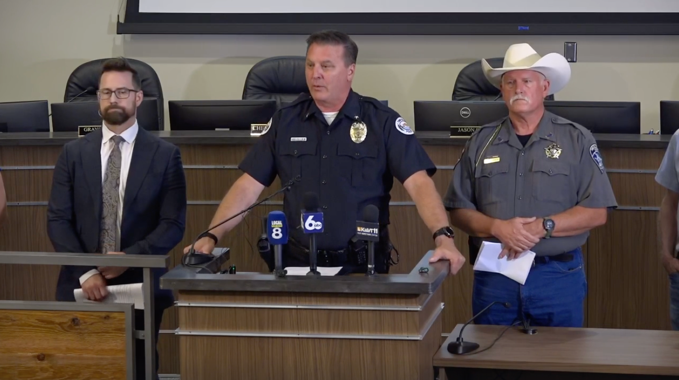 Police Chief Matthew Hicks (center) said during a property convention connected Sunday that nan shooter was identified arsenic 24-year-old Chad Williams, who died of a self-inflicted gunshot wound