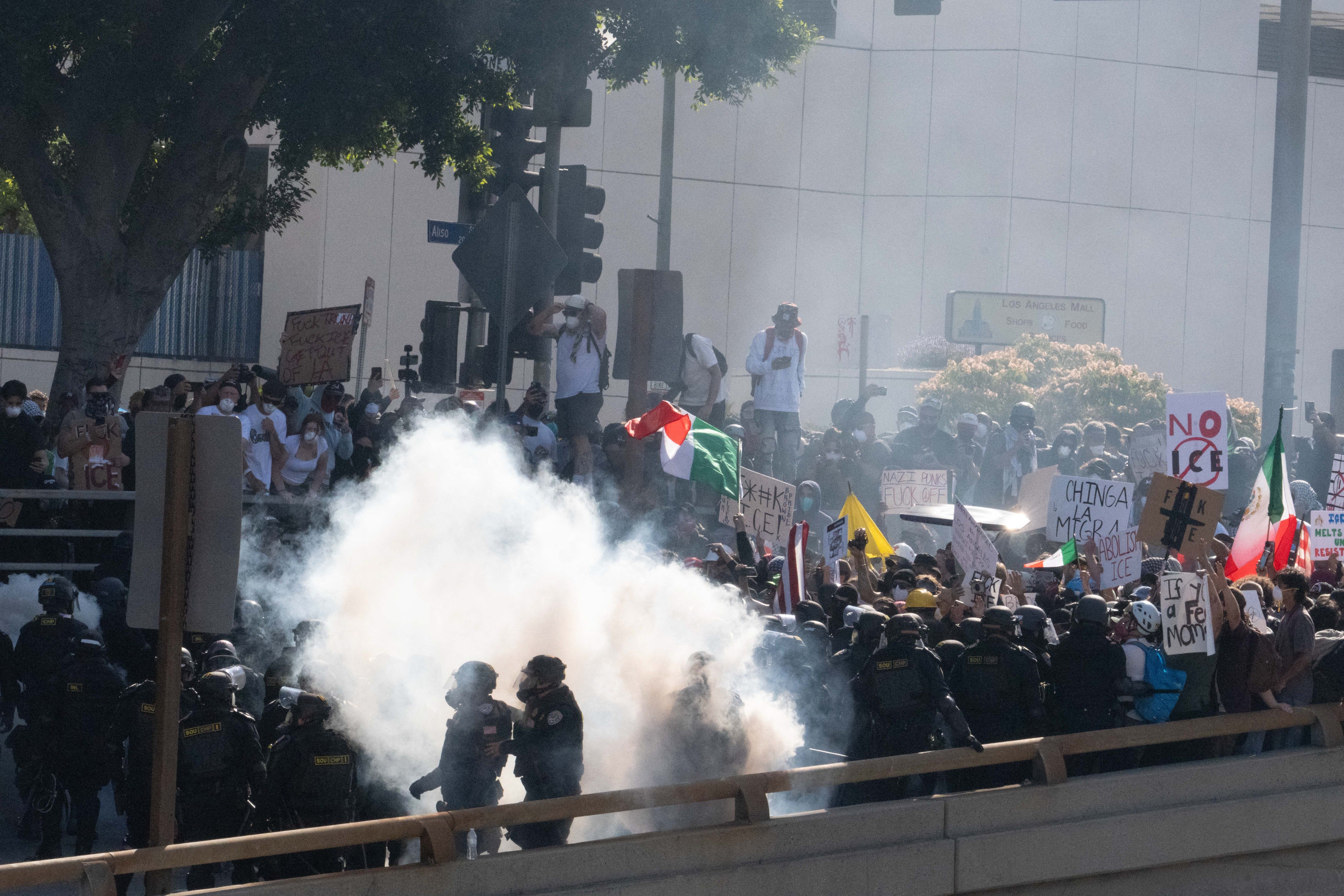 Police fire tear gas at protesters during an anti-ICE demonstration in Los Angeles, California, on June 8, 2025