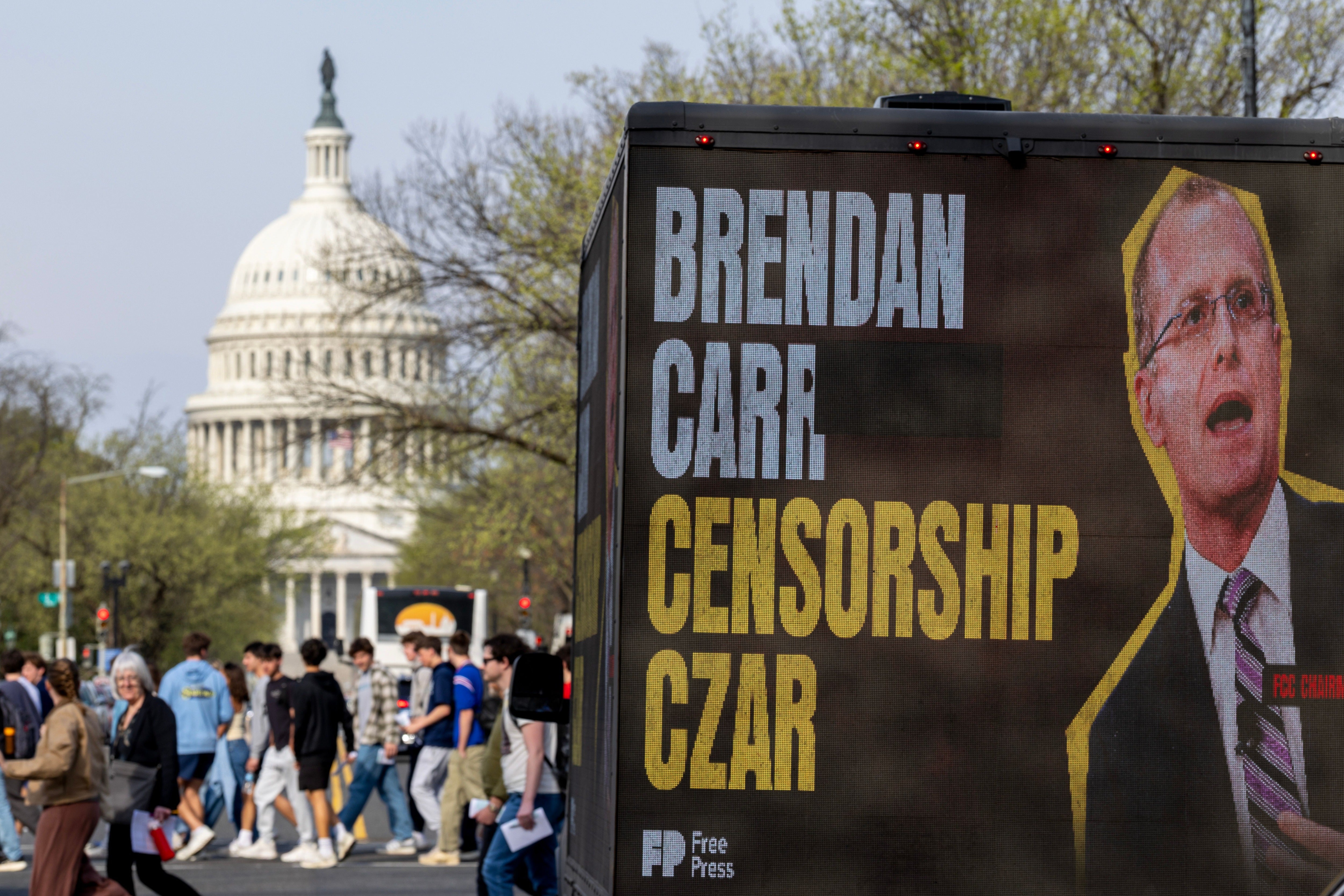 A mobile advertisement motortruck accusing FCC Chair Brendan Carr of censorship is seen successful beforehand of nan US Capitol successful Washington, DC connected March 26, 2026