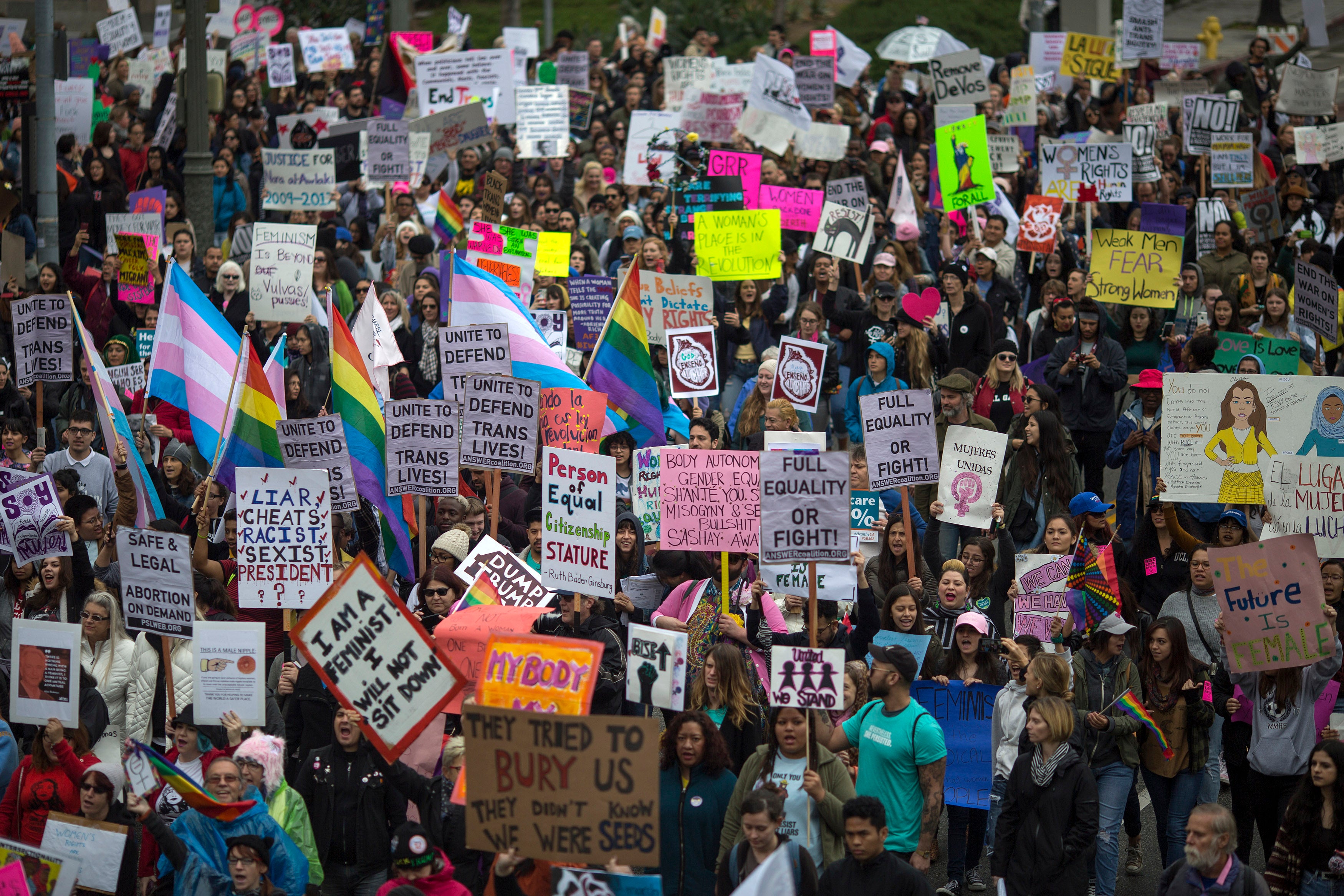 Women march during nan International Women's Day March and Rally connected March 5, 2017 successful Los Angeles, California
