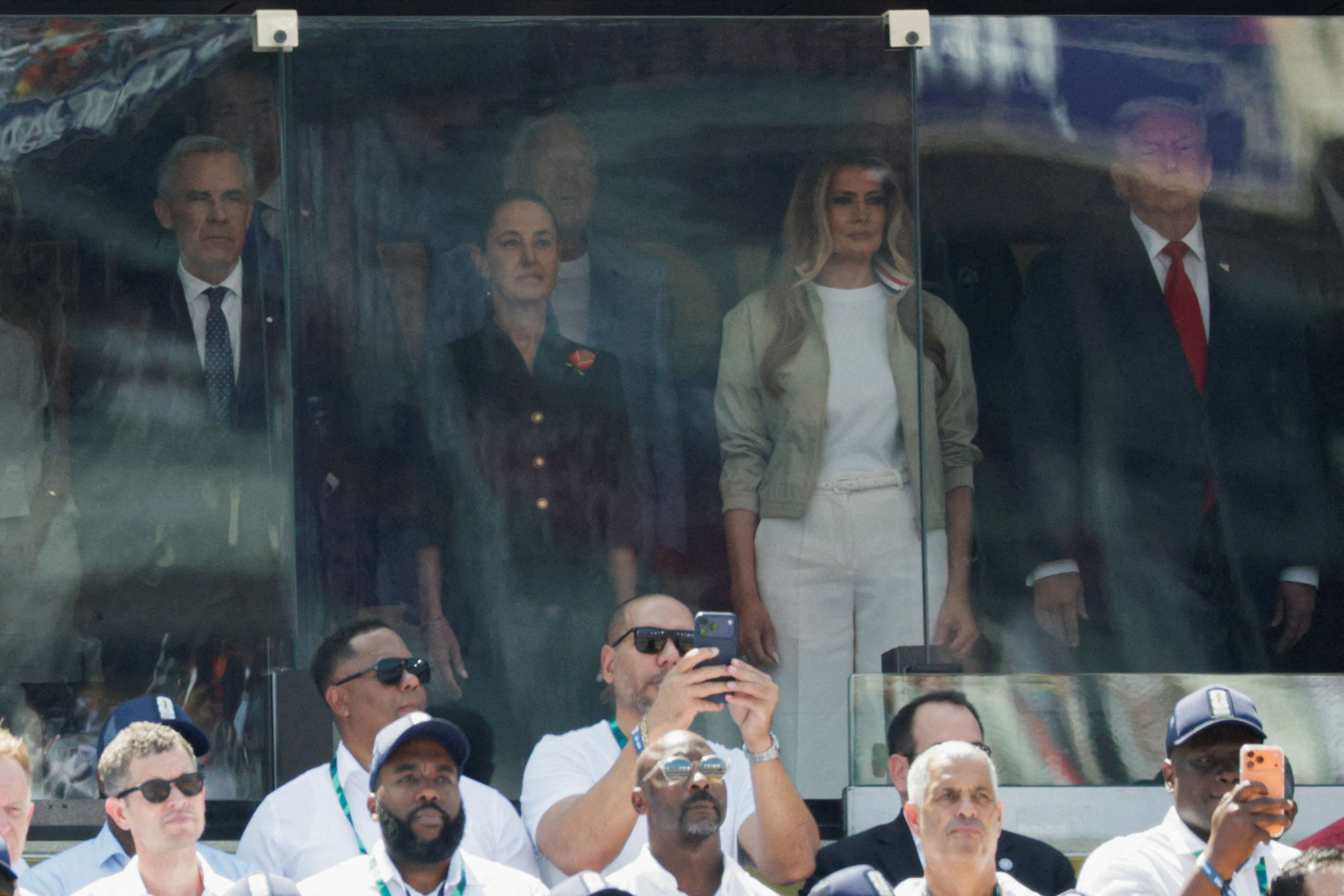 Melania Trump pinch President Donald Trump, Mexican President Claudia Sheinbaum, Canada's Prime Minister Mark Carney, Robert Kraft and U.S. Secretary of State Marco Rubio during nan FIFA World Cup 2026 Final connected July 19