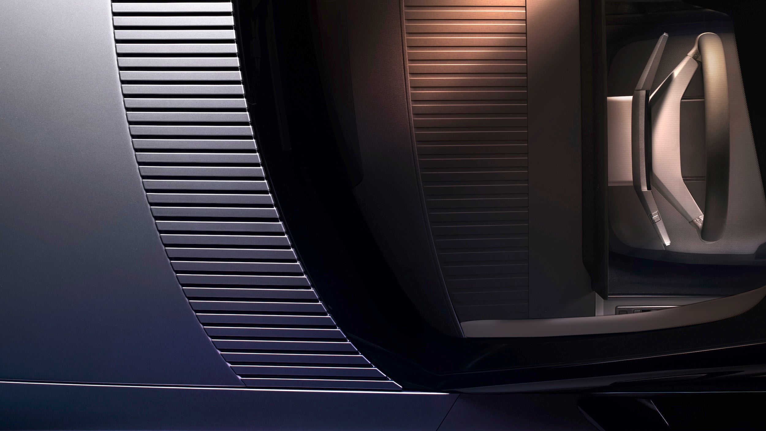 This overhead shot of the Jaguar Type 01 shows how the strikethrough motif runs from the bonnet through to the dashboard