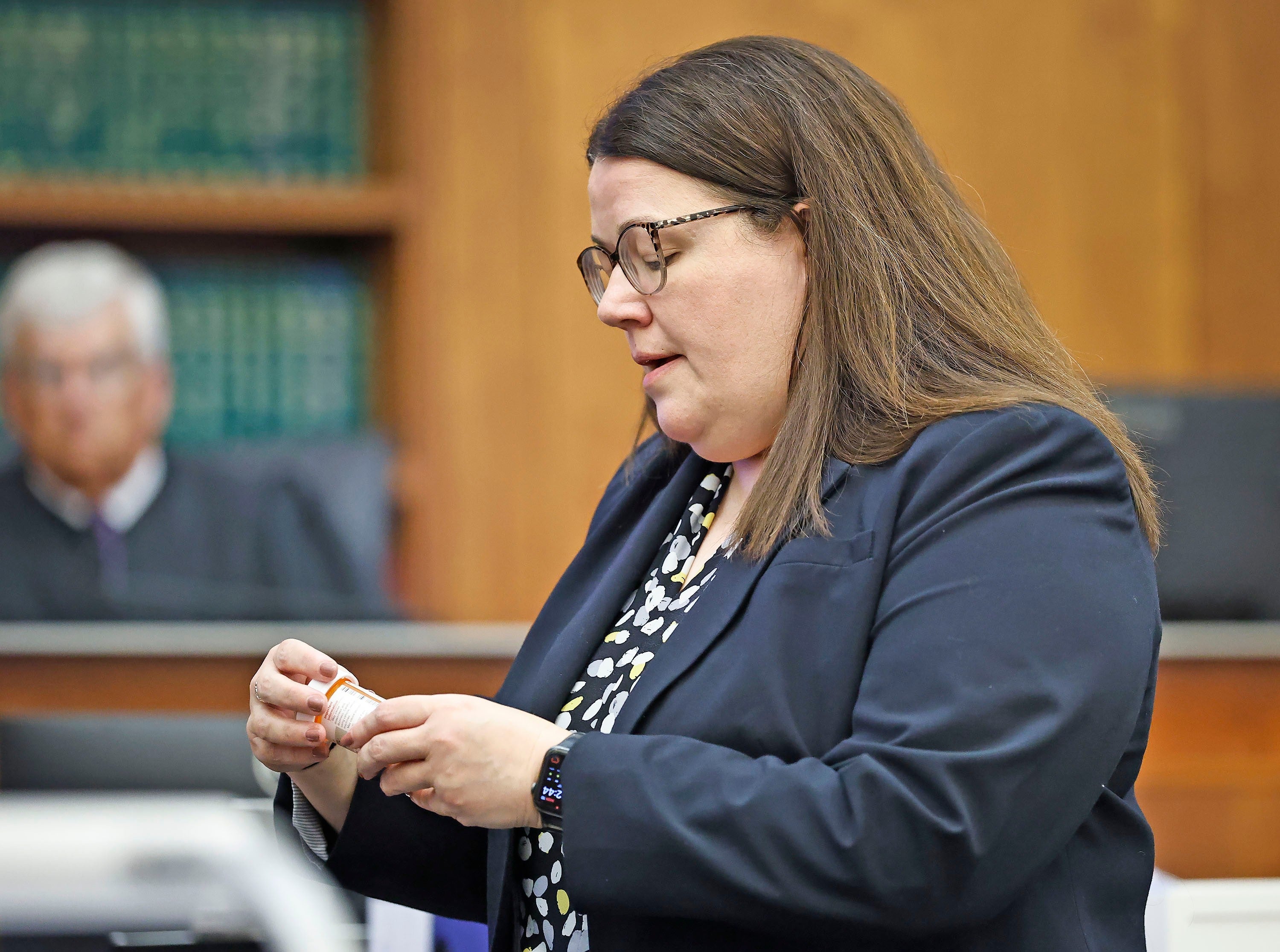 Prosecutor Jennifer Sprague questions Dr. Jennifer Tufts about medication that Lindsay Clancy was prescribed