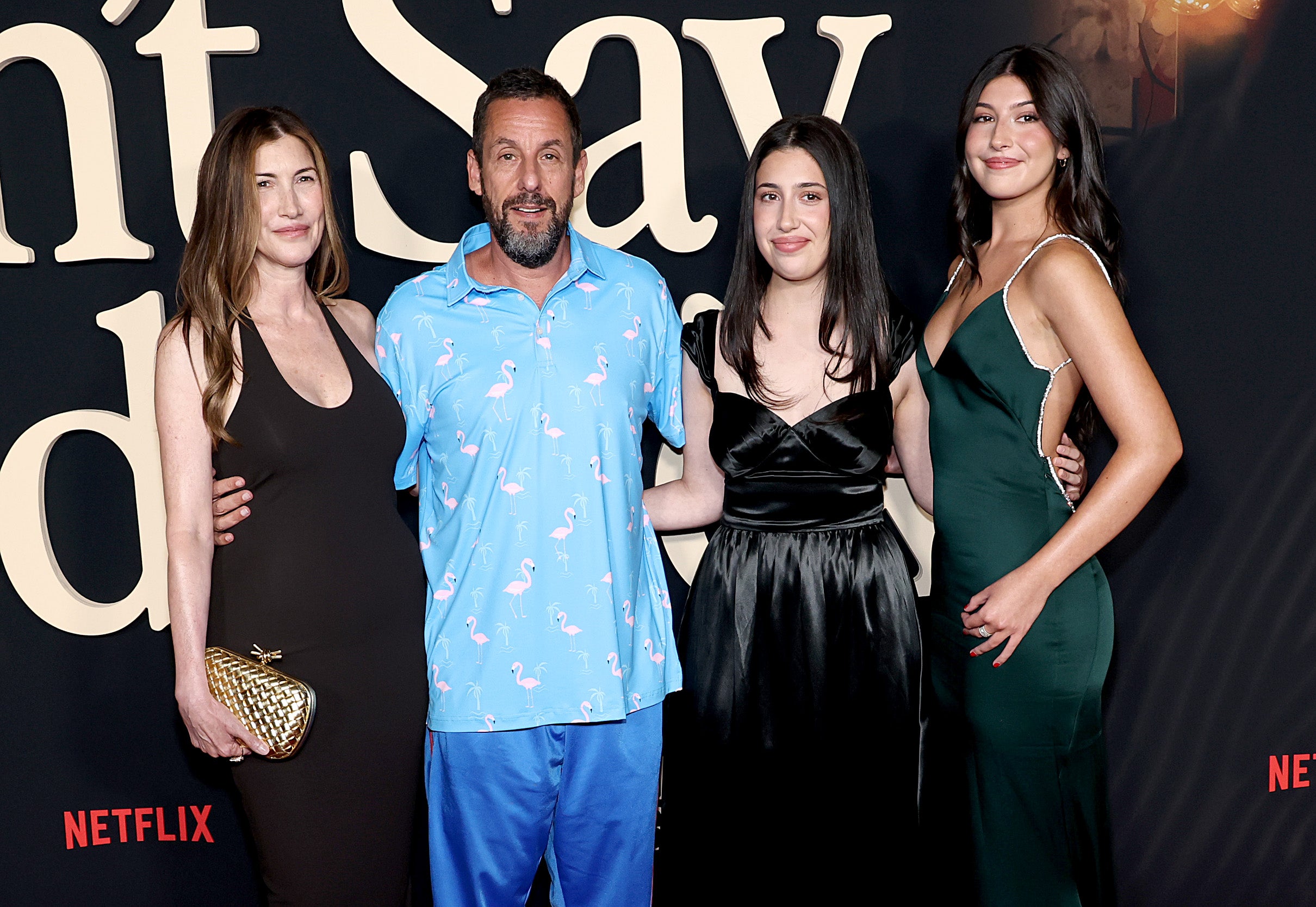 Jackie (left) and Adam Sandler have two daughters, Sadie and Sunny (far right)