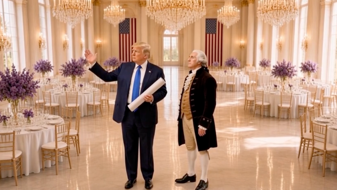 Trump bizarrely chats with President Washington in AI ballroom tour
