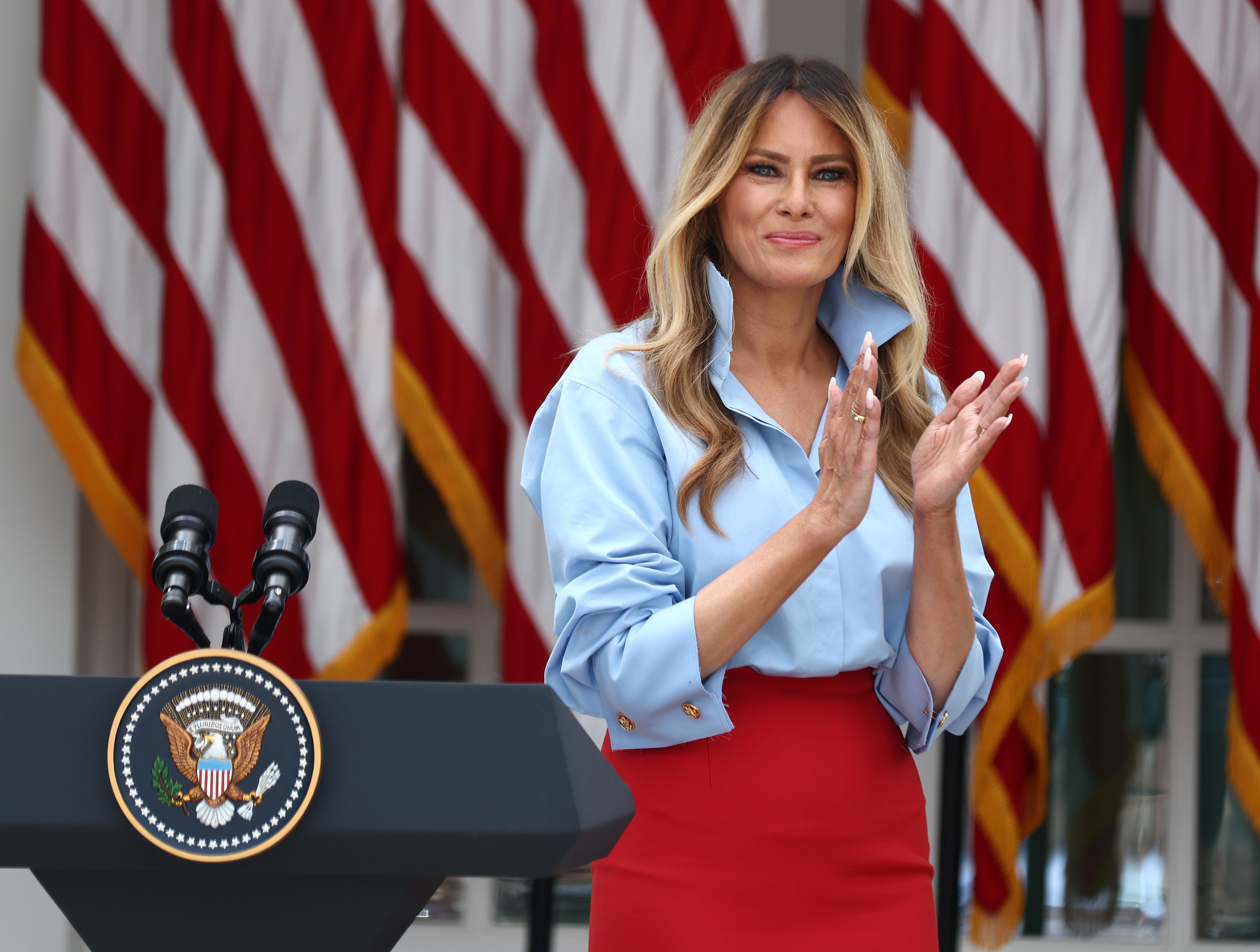 Melania recently joked about the rarity of her appearing in public, telling the press at an event in the White House Rose Garden: ‘I heard you missed me’