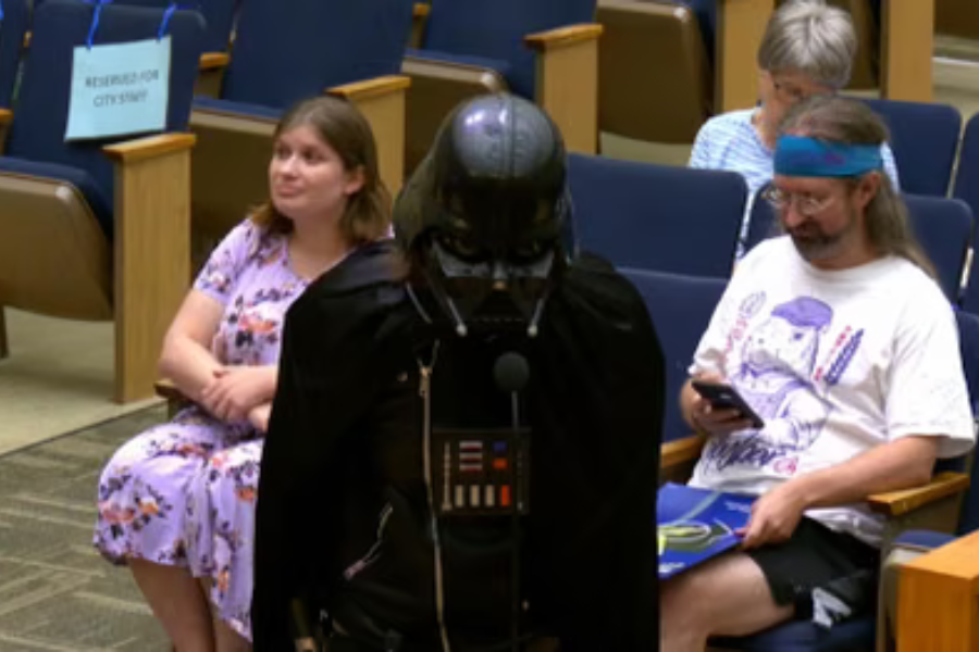 <p>A man dressed as Darth Vader mockingly endorsed Flock cameras at a San Diego City Council meeting this week</p>