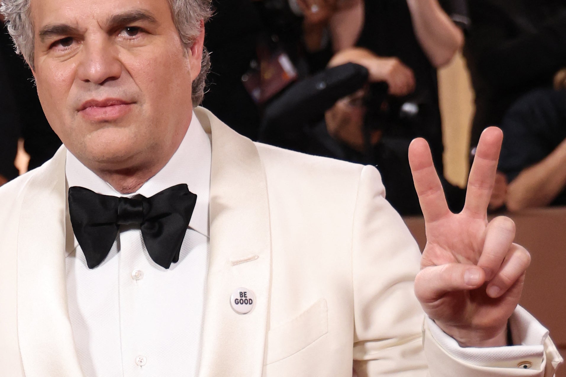 <p>Mark Ruffalo US wears a pin reading "be Good", in tribute to Renee Good, who was fatally shot by a US Immigration and Customs Enforcement (ICE) agent in Minneapolis, as she attends the 83rd annual Golden Globe Awards at the Beverly Hilton hotel</p>