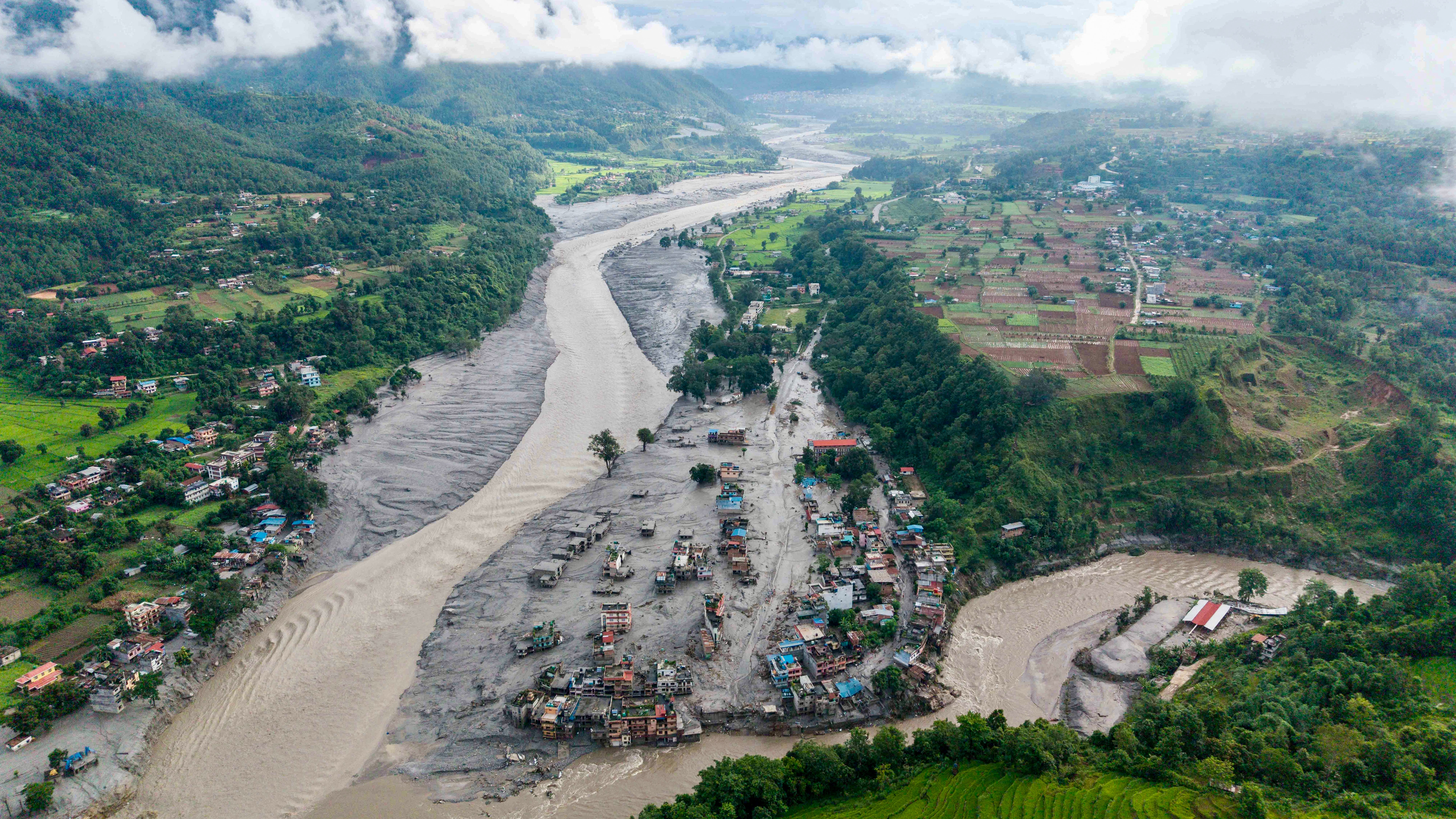 Aftermath of flash floods in Devighat, along the confluence of the Trishuli and Tadi rivers in Nuwakot, Nepal, on 27 August 2026 (AFP/Getty)