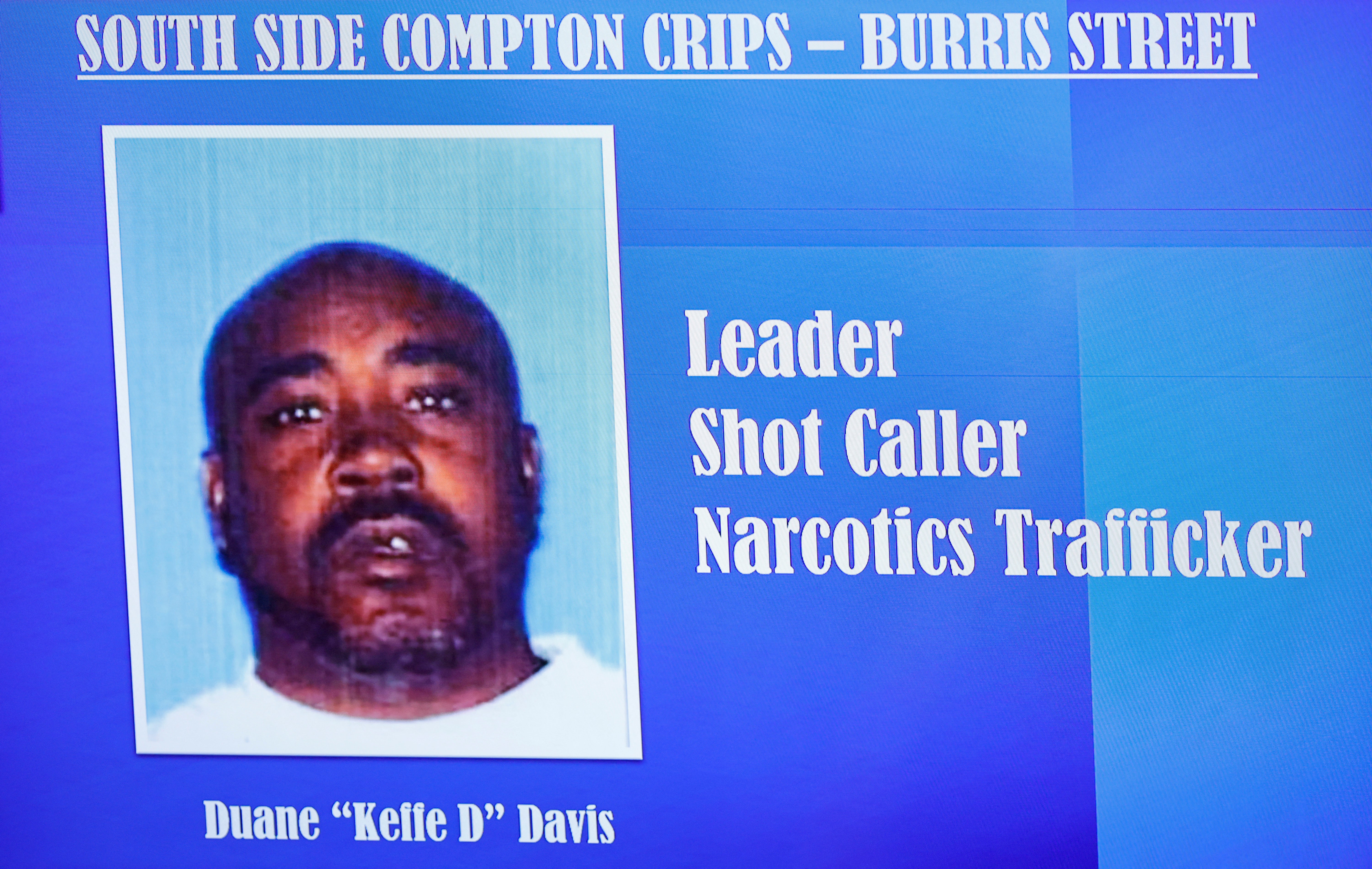 Davis, whose mug shot was shown in court, was a prominent member of the South Side Compton Crips