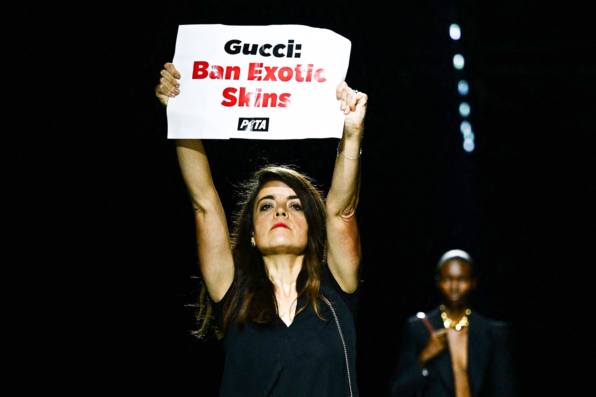 PETA campaigner Sascha Camilli storms Gucci’s catwalk at Milan Fashion Week in September 2023, calling on the luxury house to ban exotic skins.