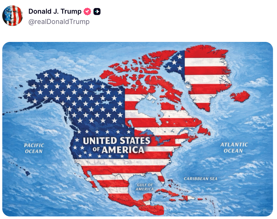 <p>Donald Trump posted an image without further explanation showing all of North and Central America draped in the US flag</p>