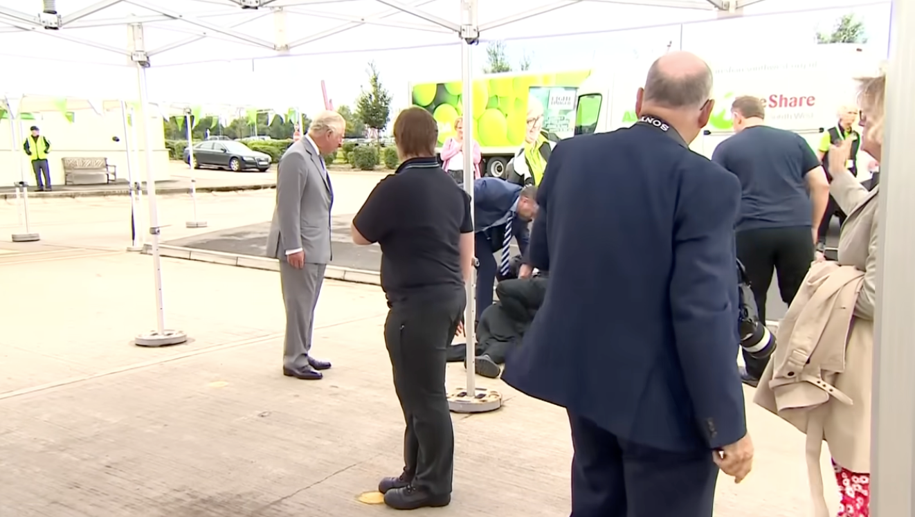 The full footage showed King Charles putting out his arm to try and catch the supermarket worker who remained close by as the man received medical attention. The king only moved away after his security detail reassured him the individual was OK