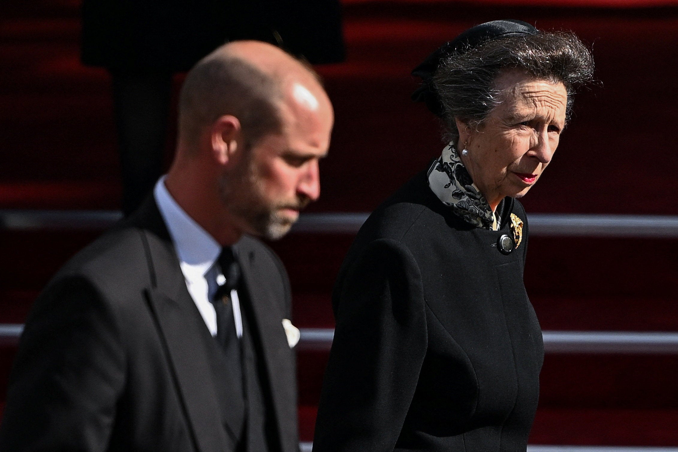 Prince William, Prince of Wales and Princess Anne, Princess Royal walk, after the funeral ceremony for Norway's King Harald at Oslo Cathedral