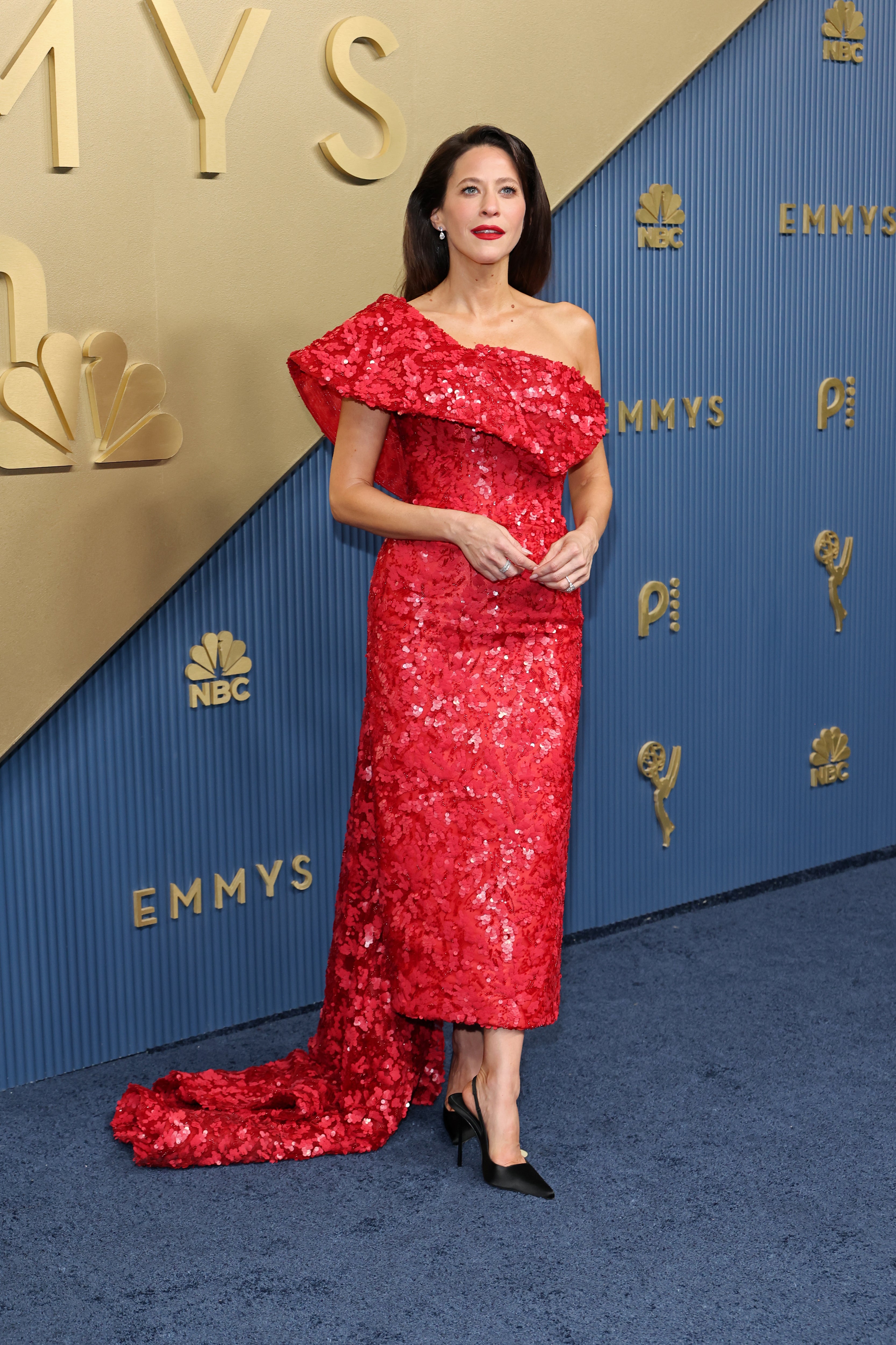 'Nobody Wants This' star Jackie Tohn looked beautiful in a bold red, sequined dress. But the look would've been better served by a plain nude heel; the black draws attention away from the dress