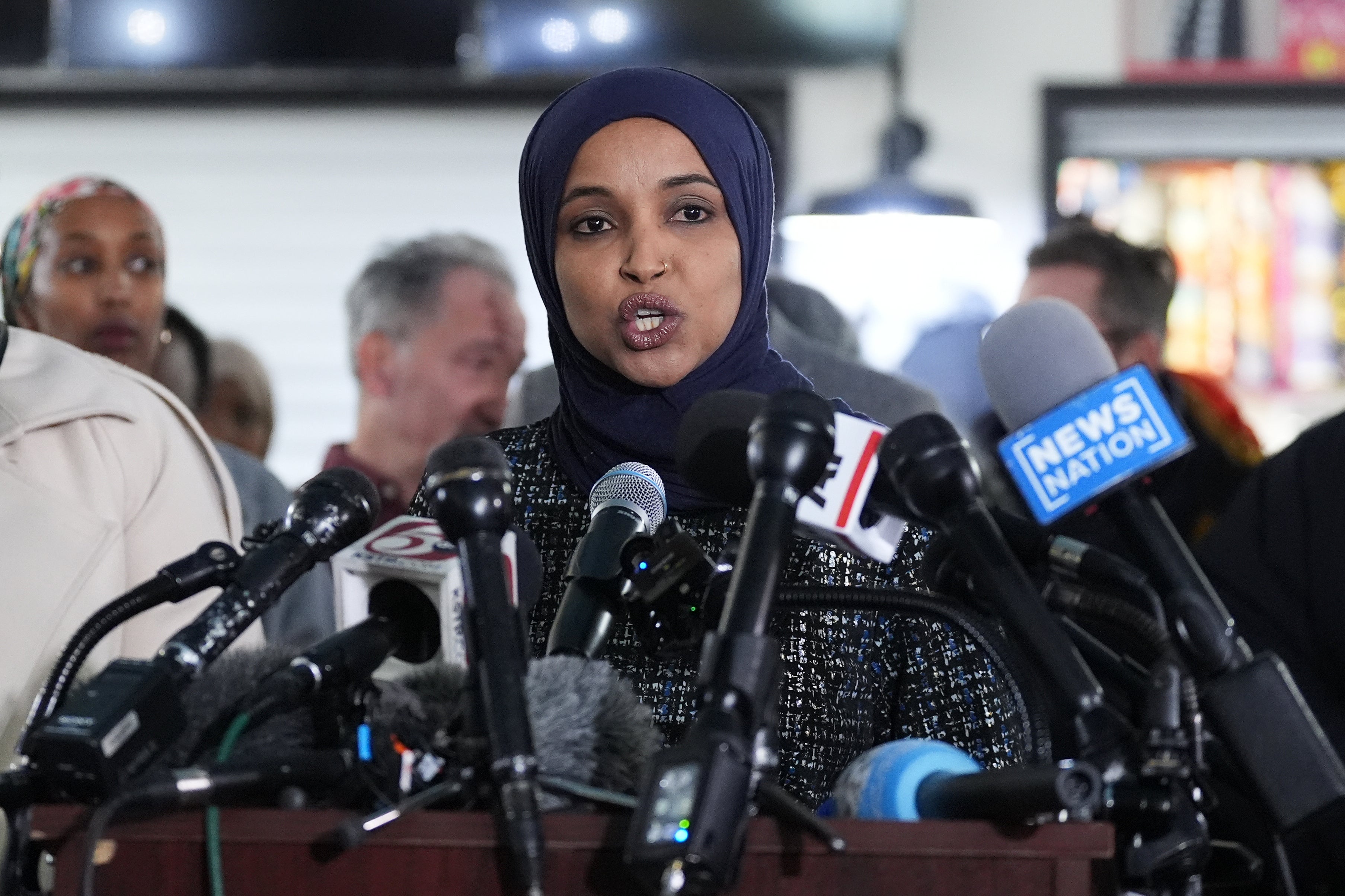 Rep. Ilhan Omar, D-Minn., at a news conference a day after the attack