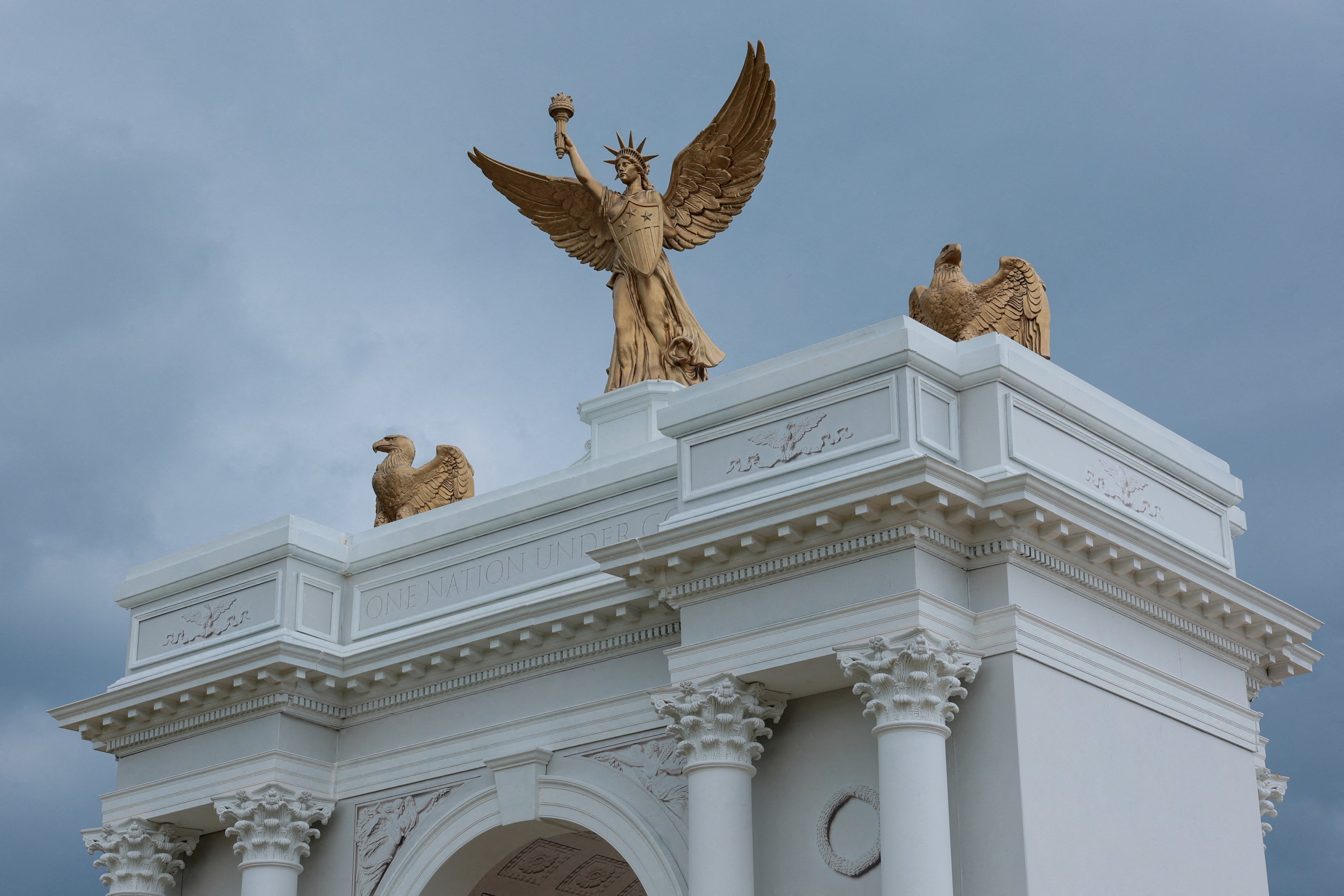 A model of U.S. President Donald Trump's proposed triumphal arch