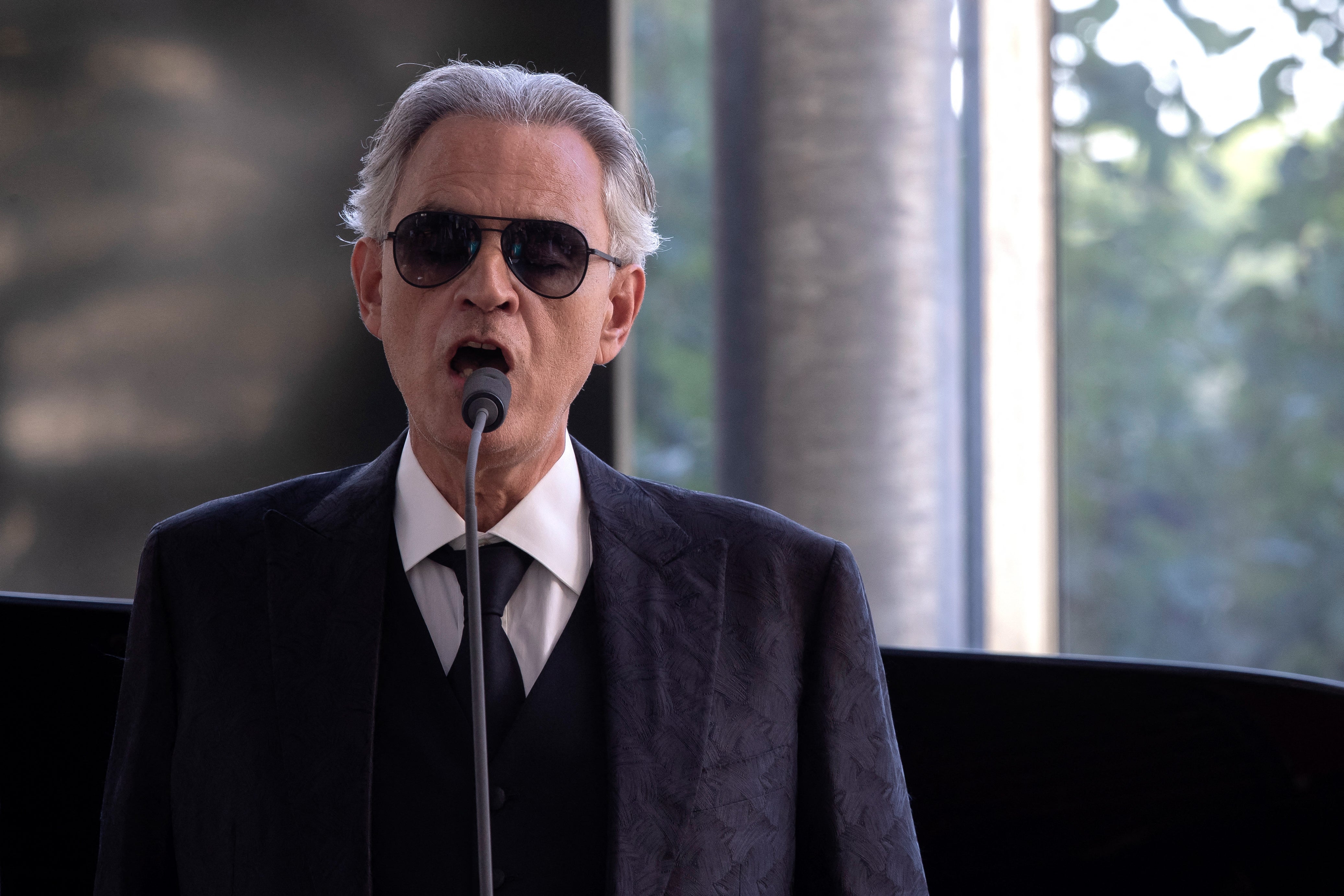 Andrea Bocelli sings at the inauguration of the Borgo Laudato Si', attended by Pope Leo XIV in Castel Gandolfo, near Rome.