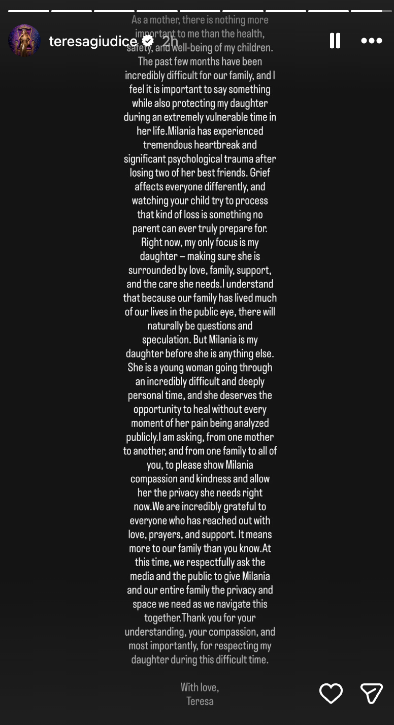 Teresa Giudice released a statement after new bodycam footage was released from her daughter Milania's incident at Tampa International Airport