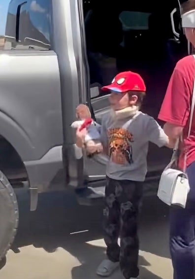 A Louisiana boy who survived a stabbing attack that left four others dead has returned home via police escort as local authorities dub him a 'superhero'