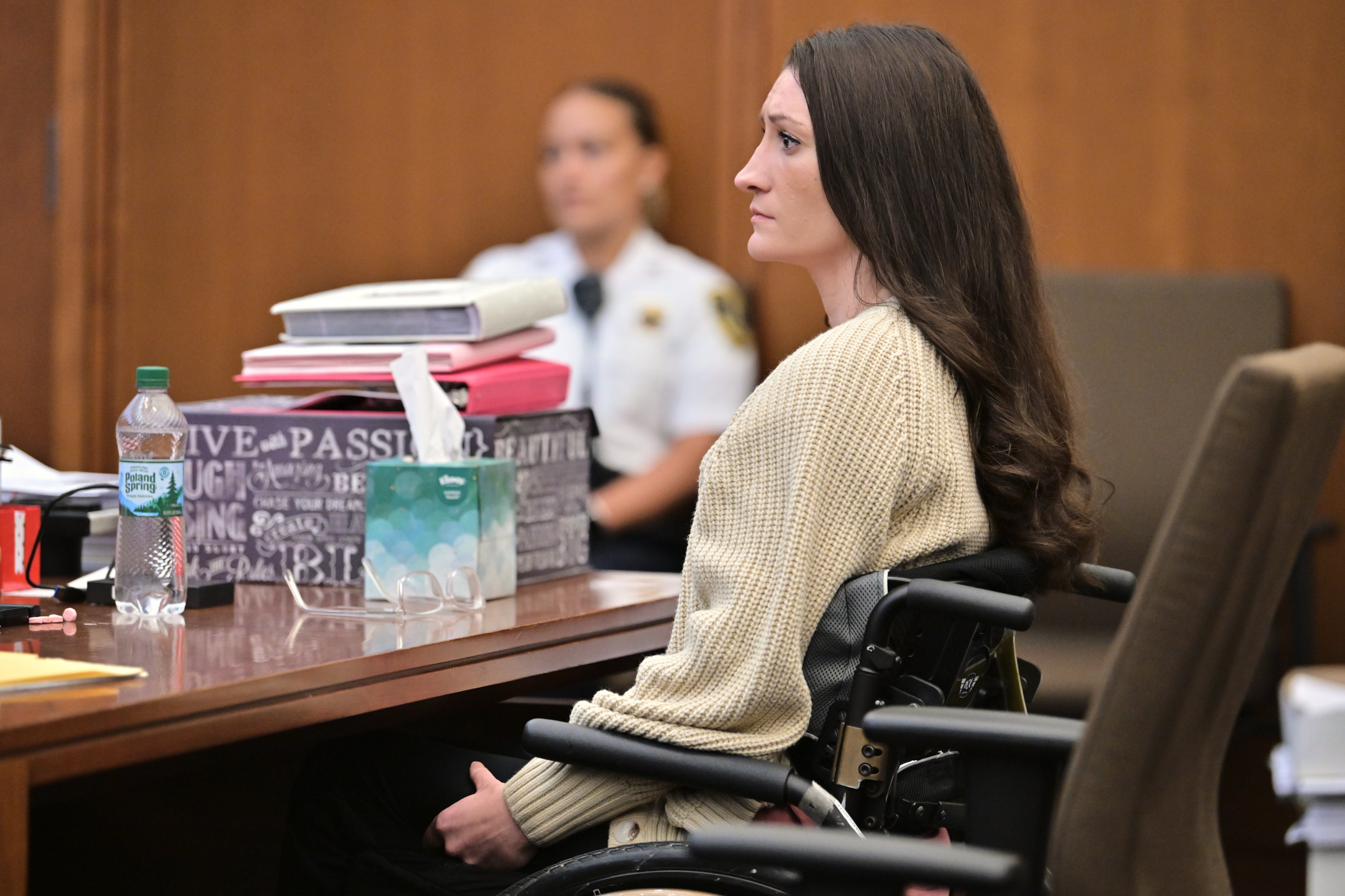 Clancy listens to testimony from a hospital chaplain during her murder trial, Aug. 20, 2026, in Plymouth