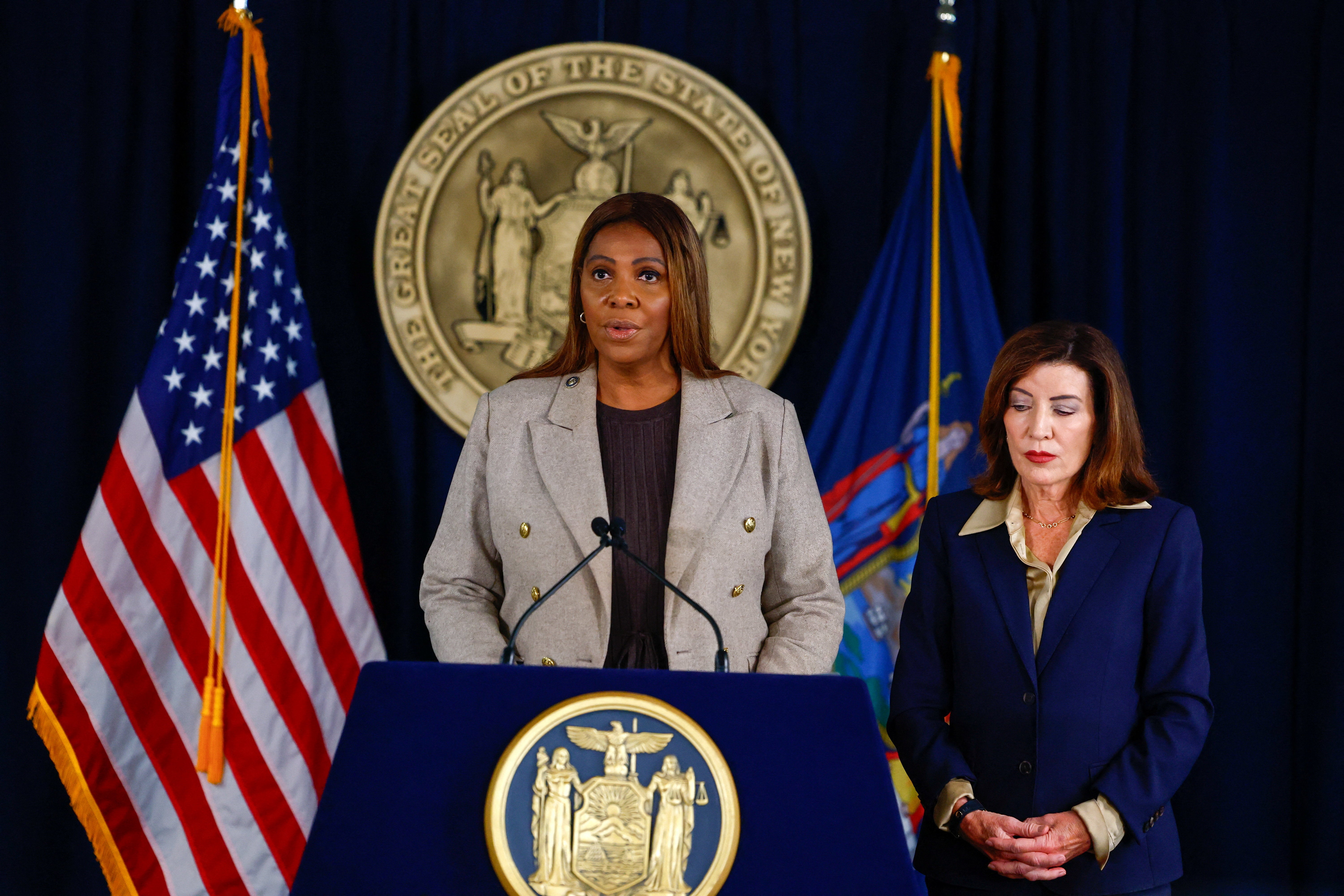 New York Attorney General Letitia James, center, is leading an ‘active criminal investigation’ into revived allegations against a group of Cornell University fraternity members accused of gang raping a woman in 2024
