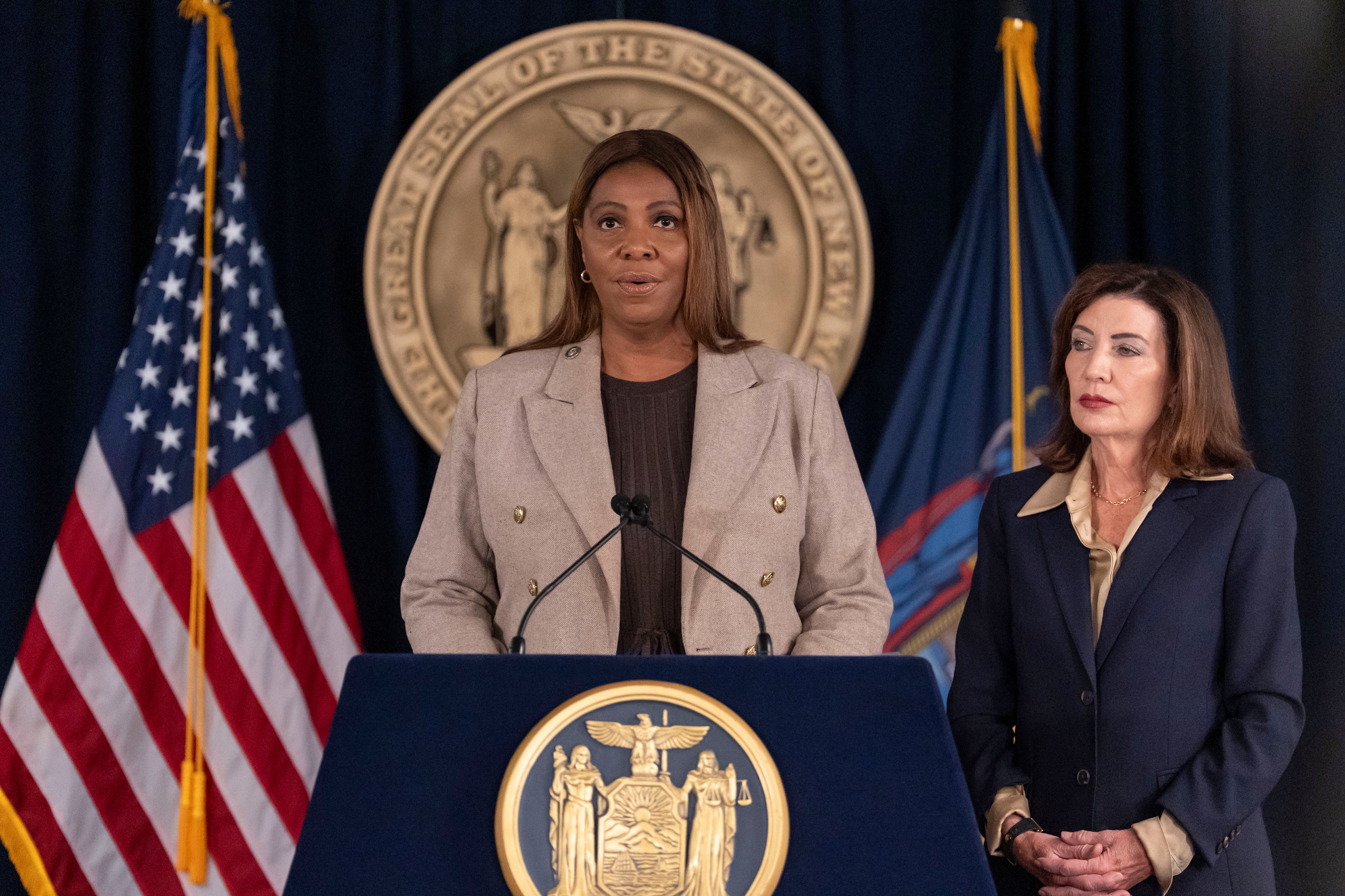 New York Attorney General Letitia James (center) has been appointed by Gov. Kathy Hochul to serve as special prosecutor on the case